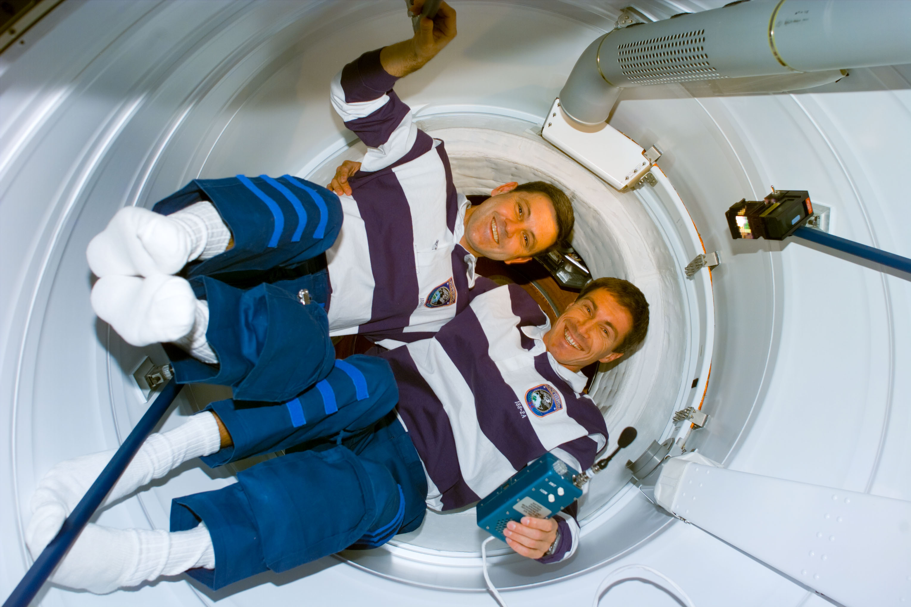 Cabana and Krikalev prepare to open the hatch to the FGB/Zarya module