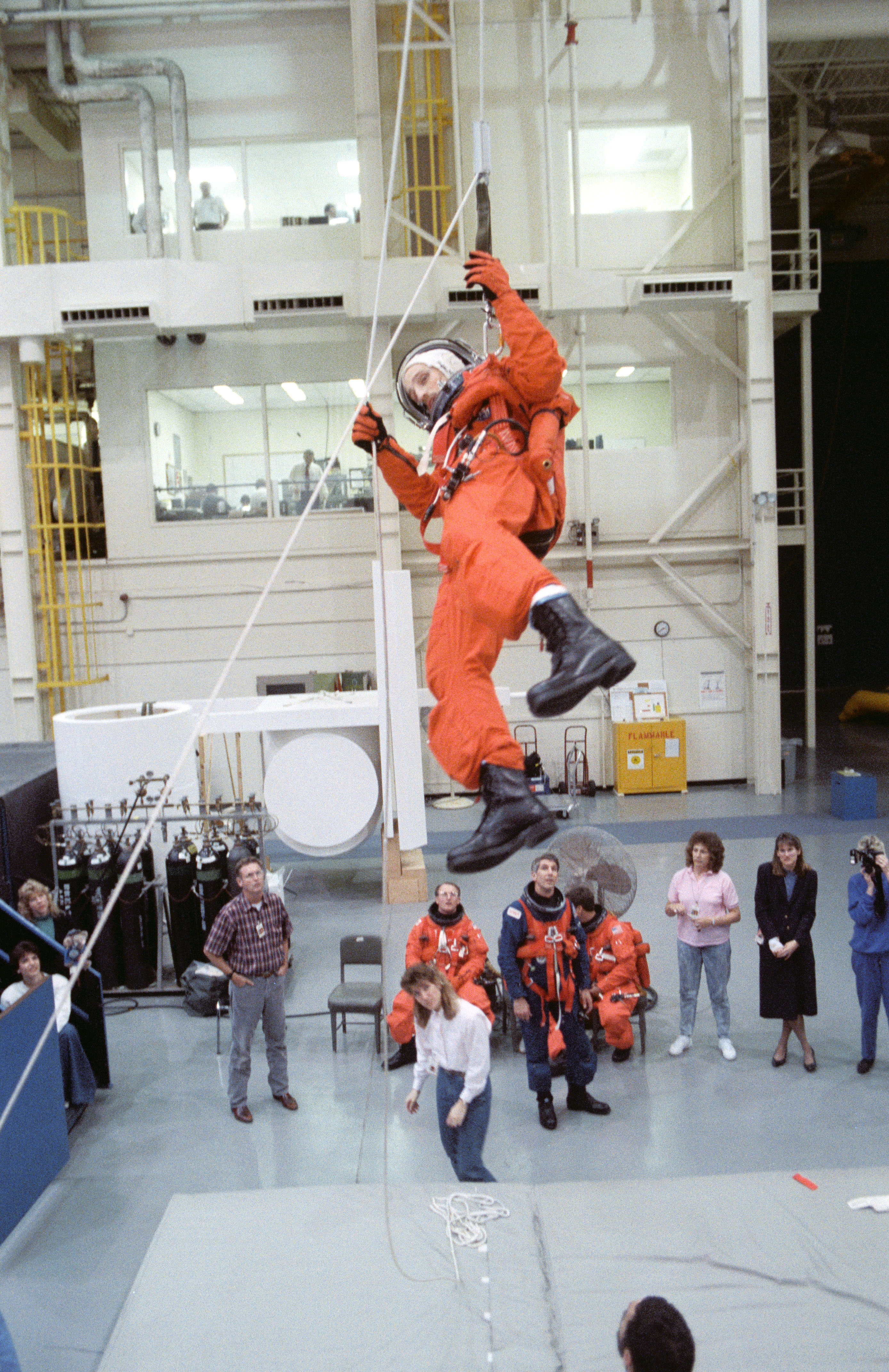 STS-29 MS Bagian during post landing egress exercises in JSC FFT mockup