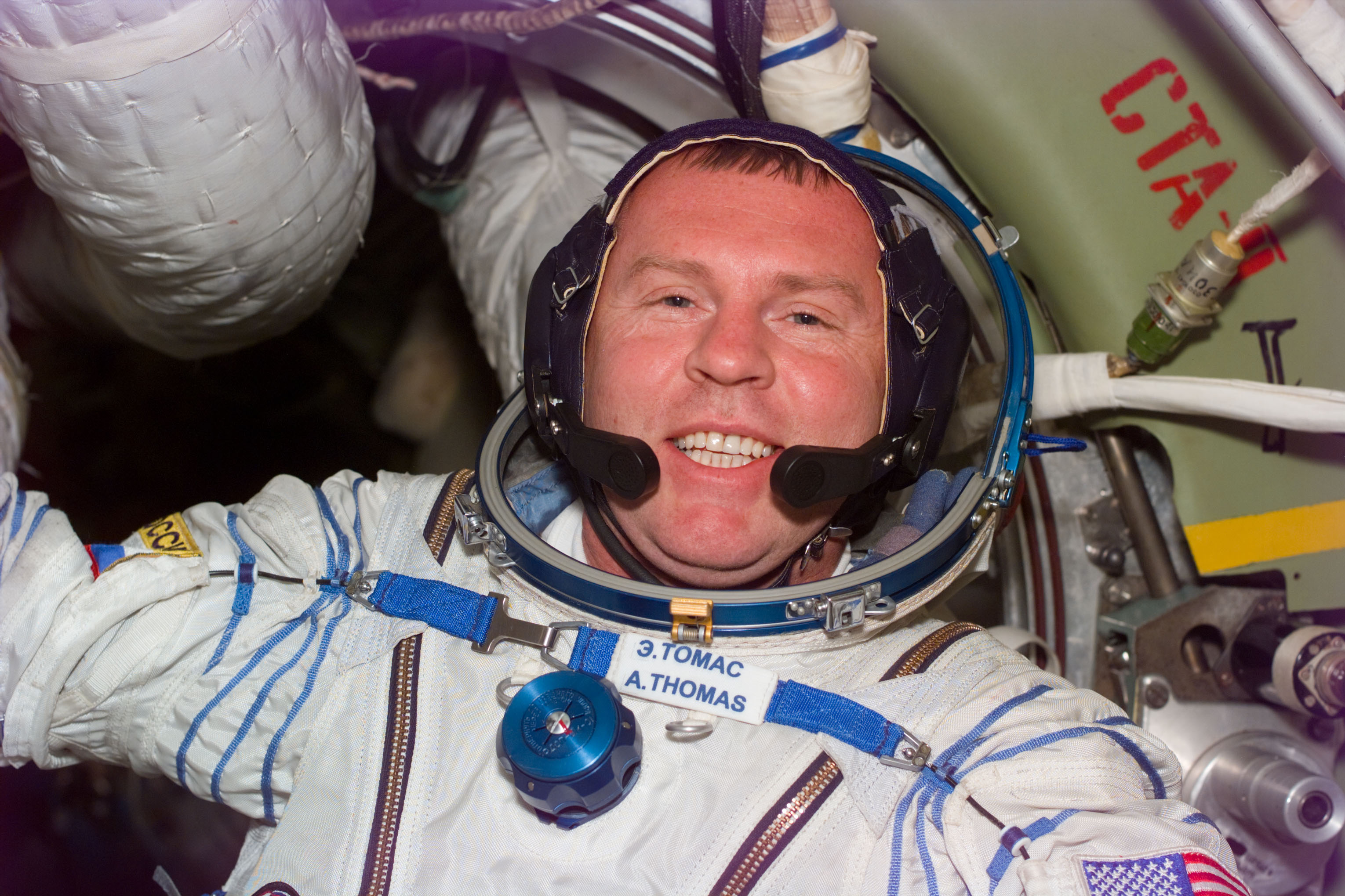 MS Thomas wears a Sokol spacesuit on the Mir Space Station