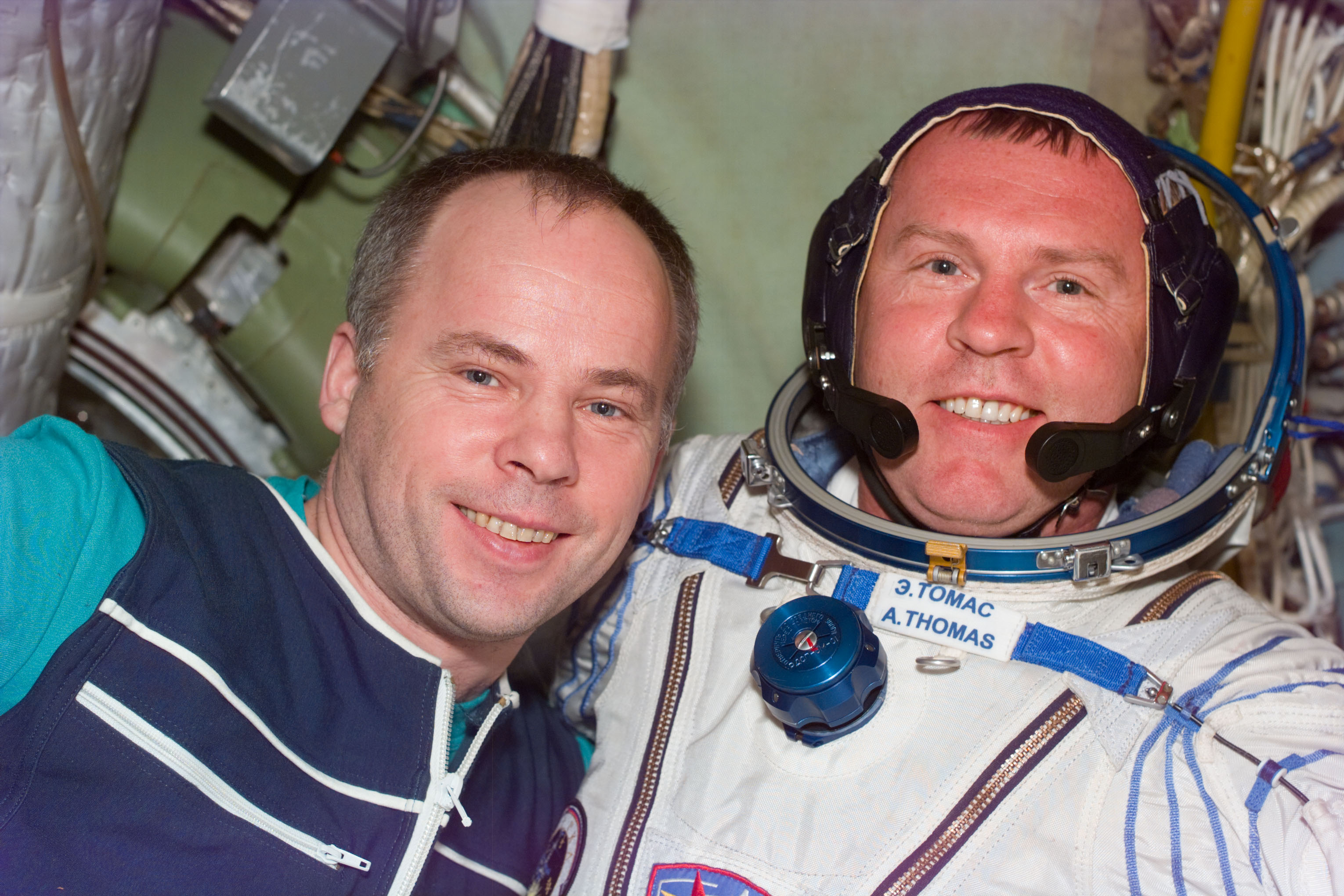 MS Thomas wears a Sokol spacesuit on the Mir Space Station