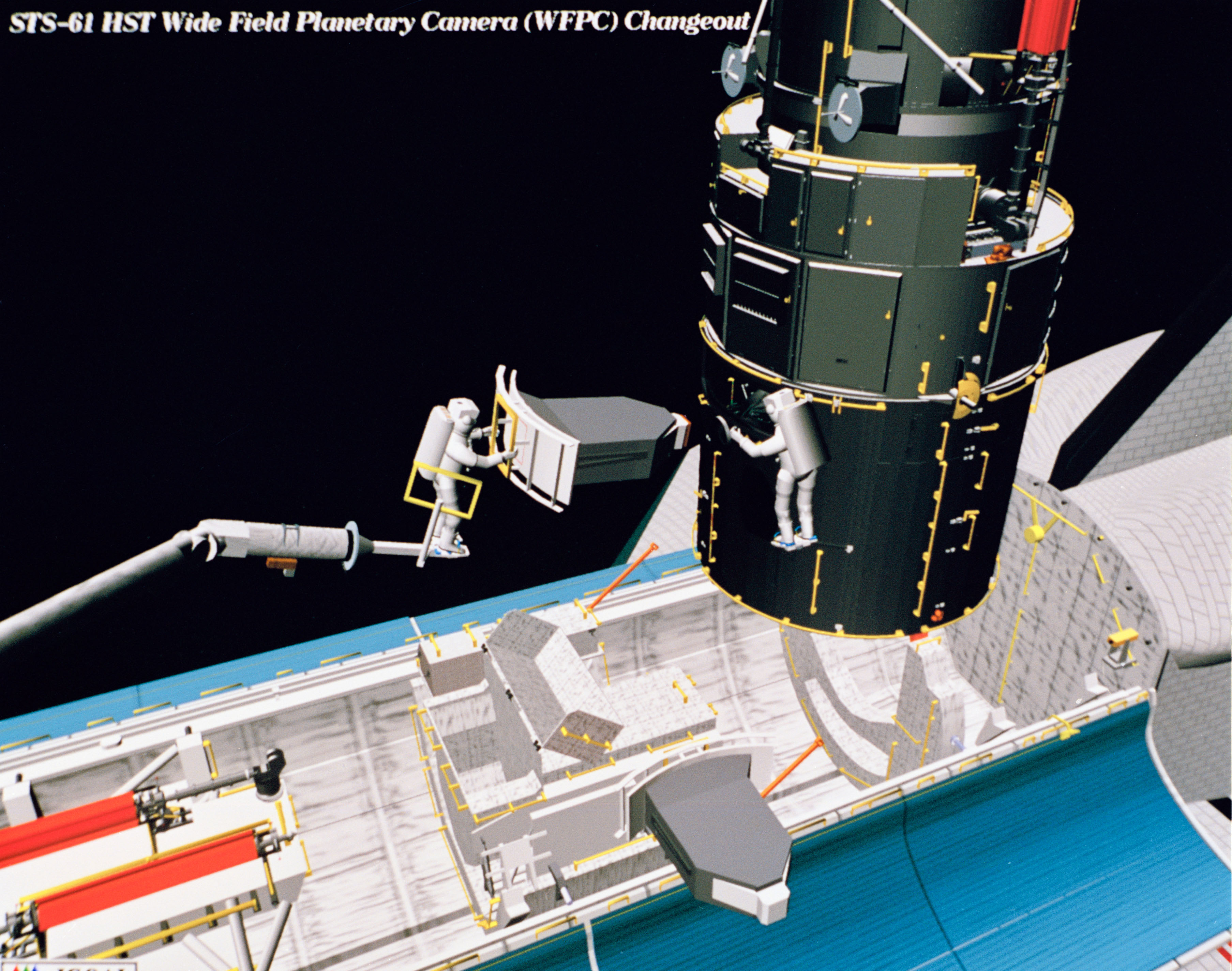 Computer-generated scenes depicting the HST capture and EVA repair mission