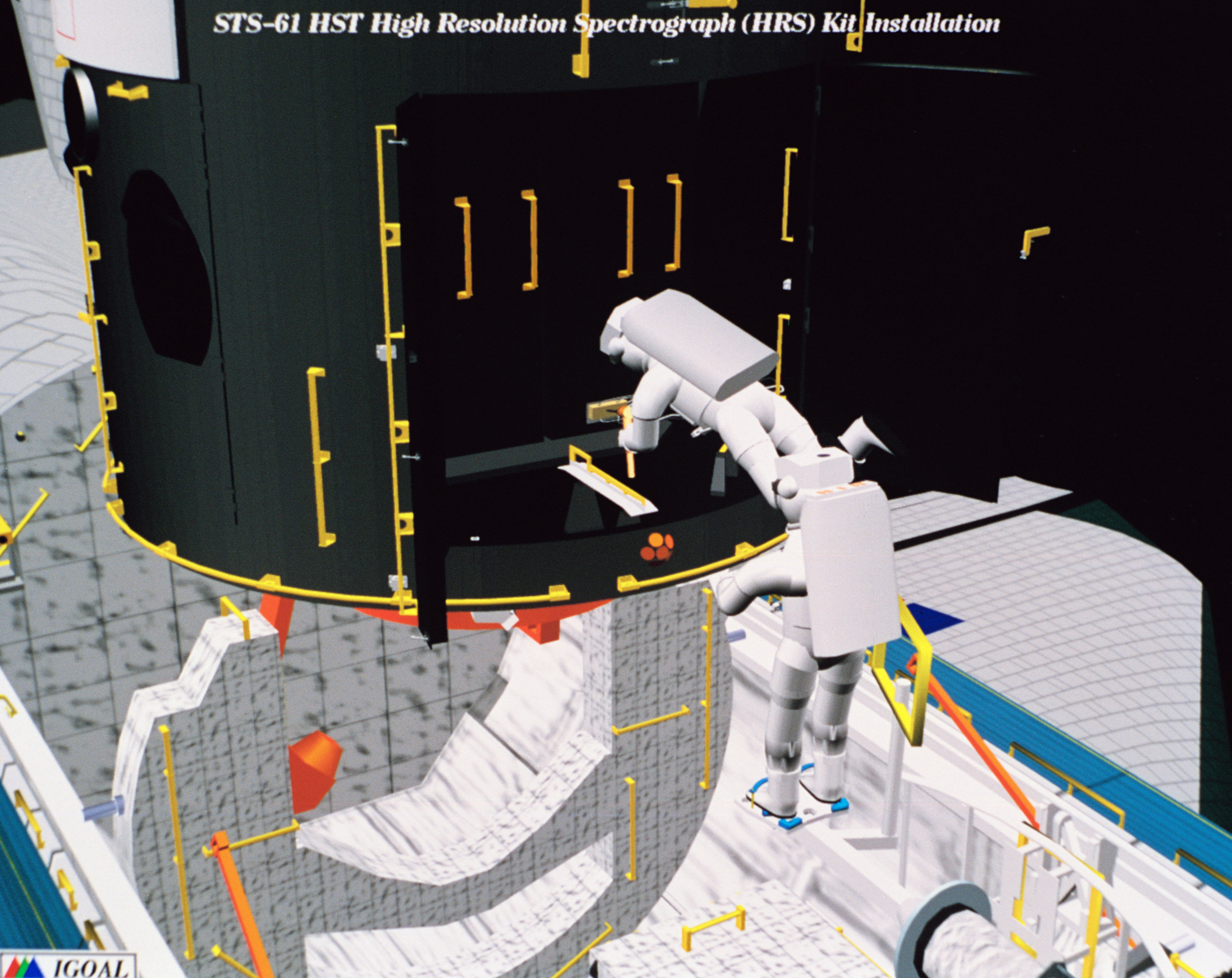 Computer-generated scenes depicting the HST capture and EVA repair mission