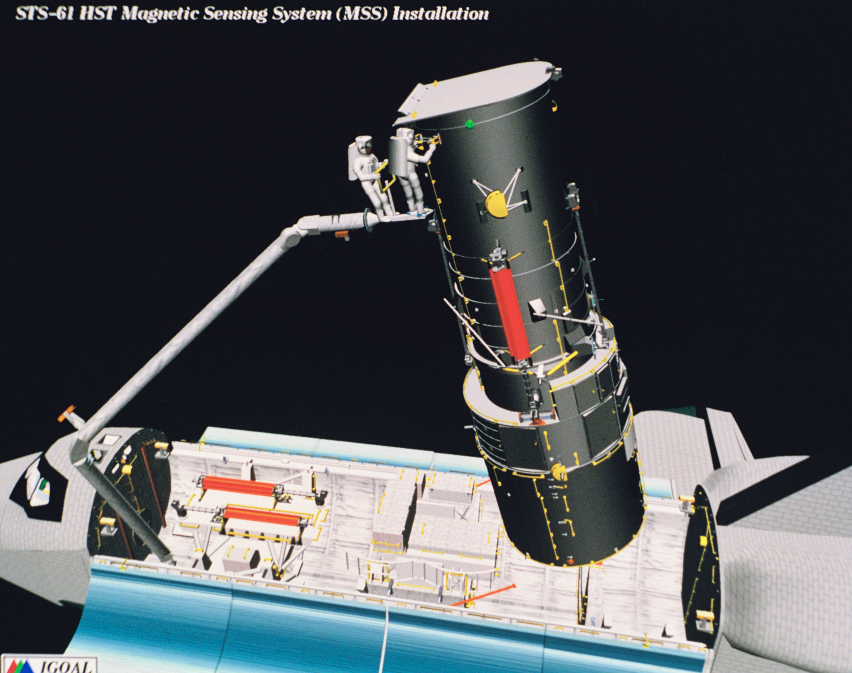 Computer-generated scenes depicting the HST capture and EVA repair mission