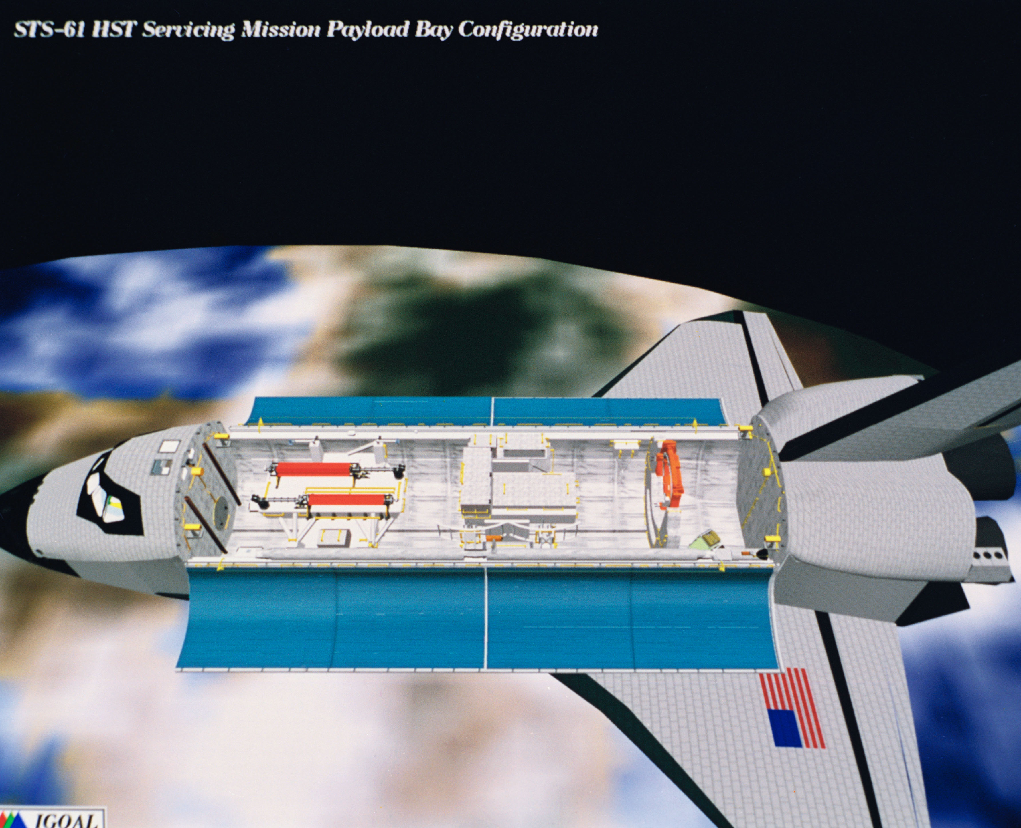 Computer-generated scenes depicting the HST capture and EVA repair mission