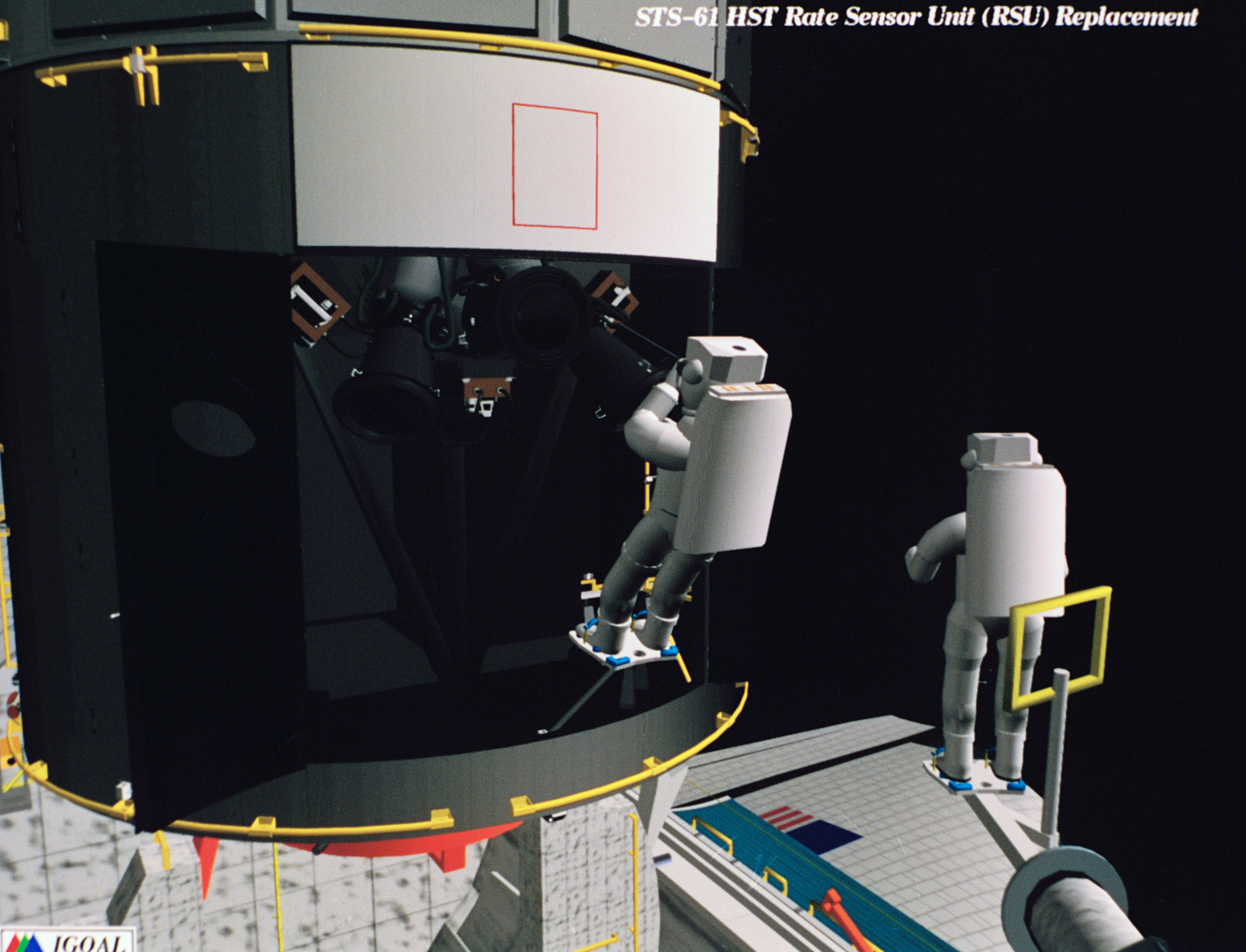 Computer-generated scenes depicting the HST capture and EVA repair mission