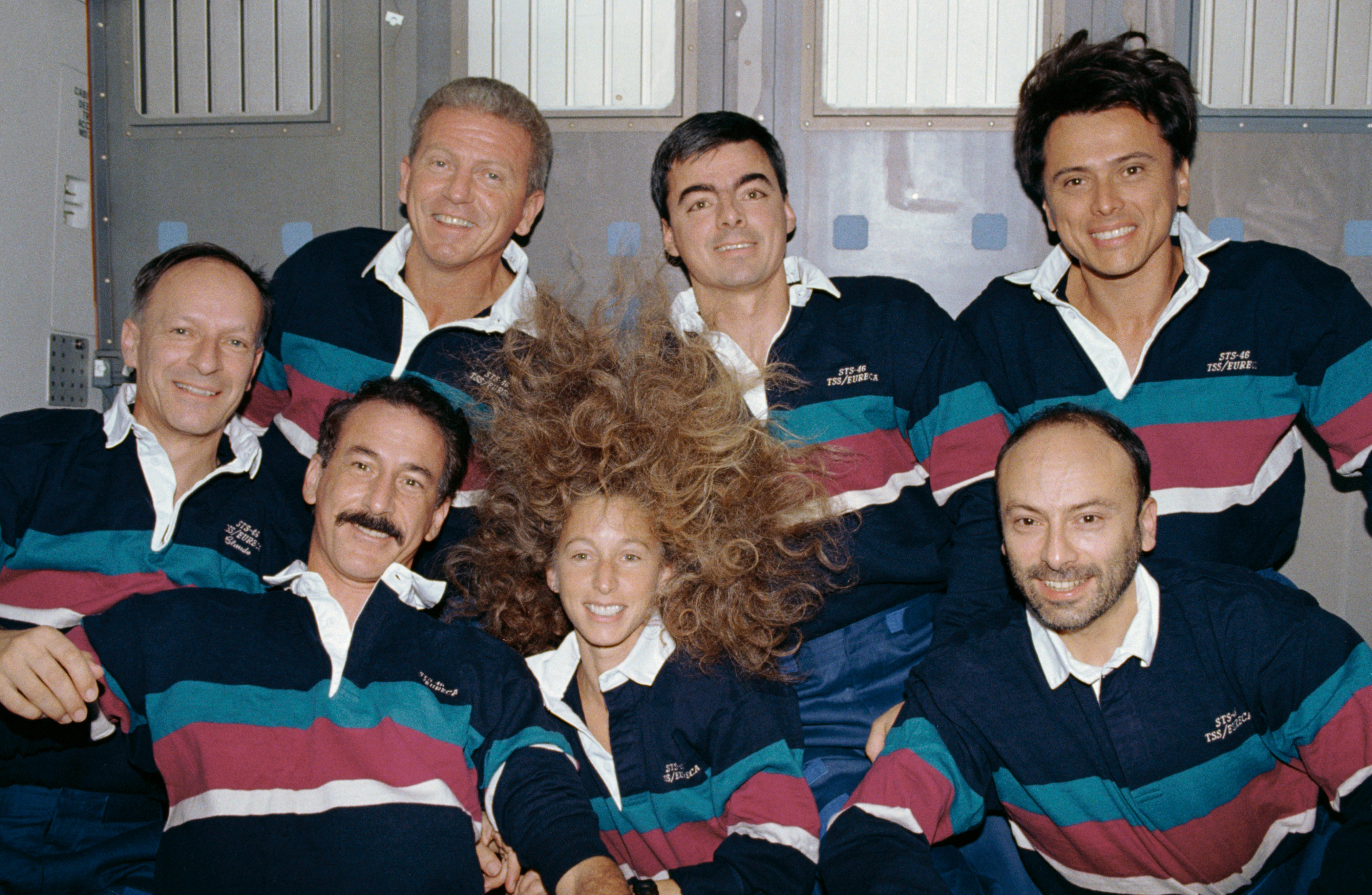 STS-46 crew poses for onboard (in-space) portrait on OV-104's middeck