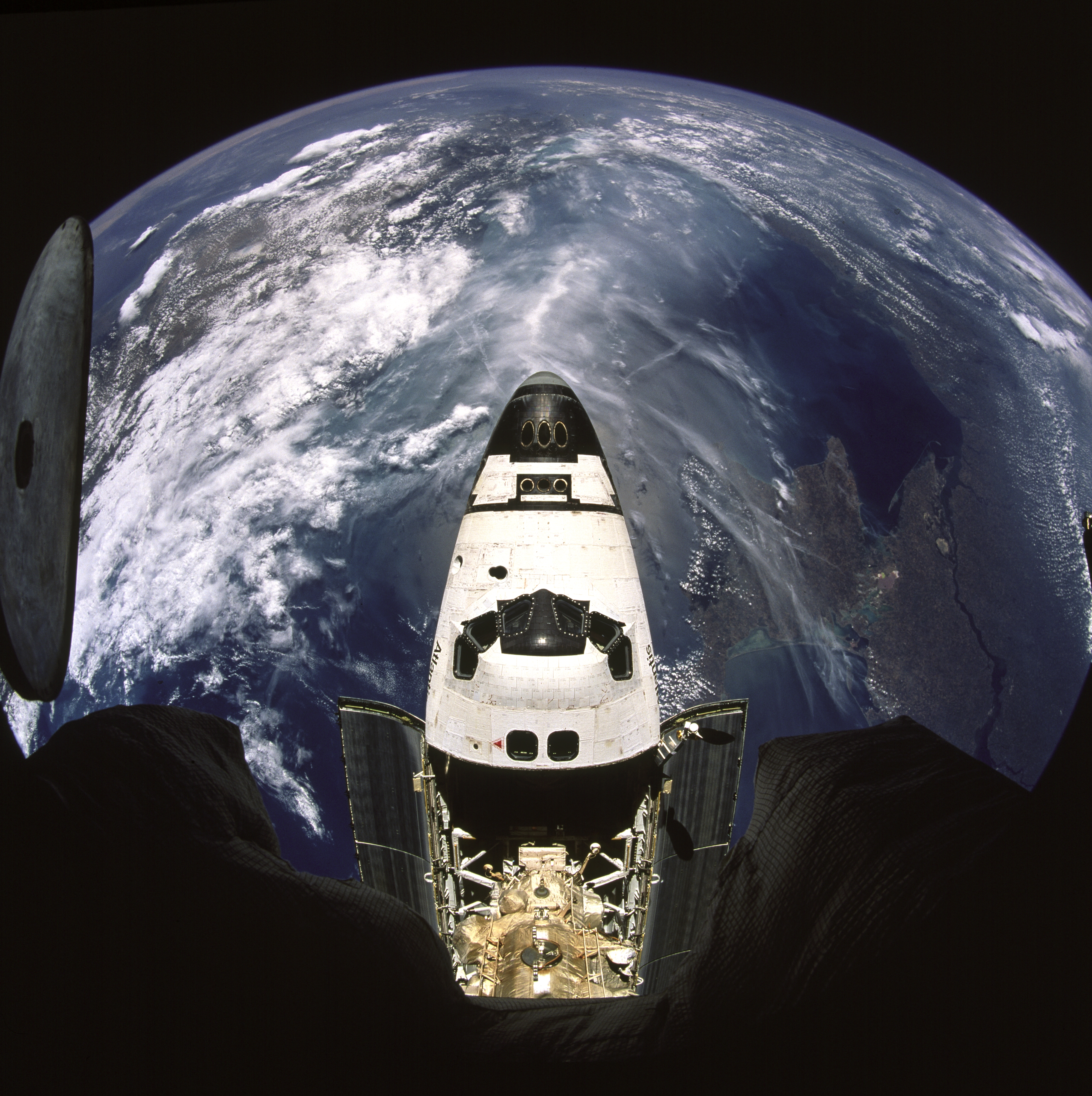 Fisheye view of Atlantis from Mir space station
