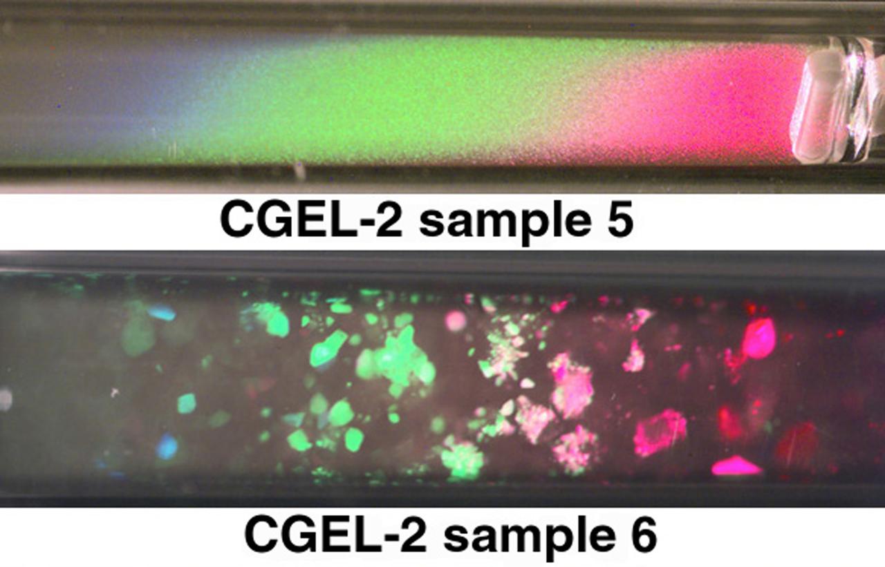 These are images of CGEL-2 samples taken during STS-95. They show binary colloidal suspensions that have formed ordered crystalline structures in microgravity. In sample 5, there are more particles therefore, many, many crystallites (small crystals) form. In sample 6, there are less particles therefore, the particles are far apart and few, much larger crystallites form. The white object in the right corner of sample 5 is the stir bar used to mix the sample at the begirning of the mission.