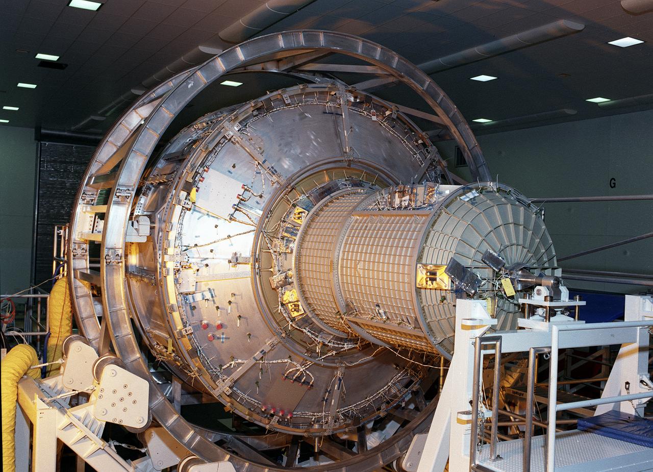 The Joint Airlock Module for the International Space Station (ISS) awaits shipment to the Kennedy Space Center in the Space Station manufacturing facility at the Marshall Space Flight Center in Huntsville, Alabama. The Airlock includes two sections. The larger equipment lock on the left is where crews will change into and out of their spacesuits for extravehicular activities, and store spacesuits, batteries, power tools, and other supplies. The narrower crewlock from which the astronauts will exit into space for extravehicular activities, is on the right. The airlock is 18 feet long and has a mass of about 13,500 pounds. It was launched to the station aboard the Space Shuttle orbiter Atlantis (STS-104 mission) on July 12, 2001. The MSFC is playing a primary role in NASA's development, manufacturing, and operations of the ISS.