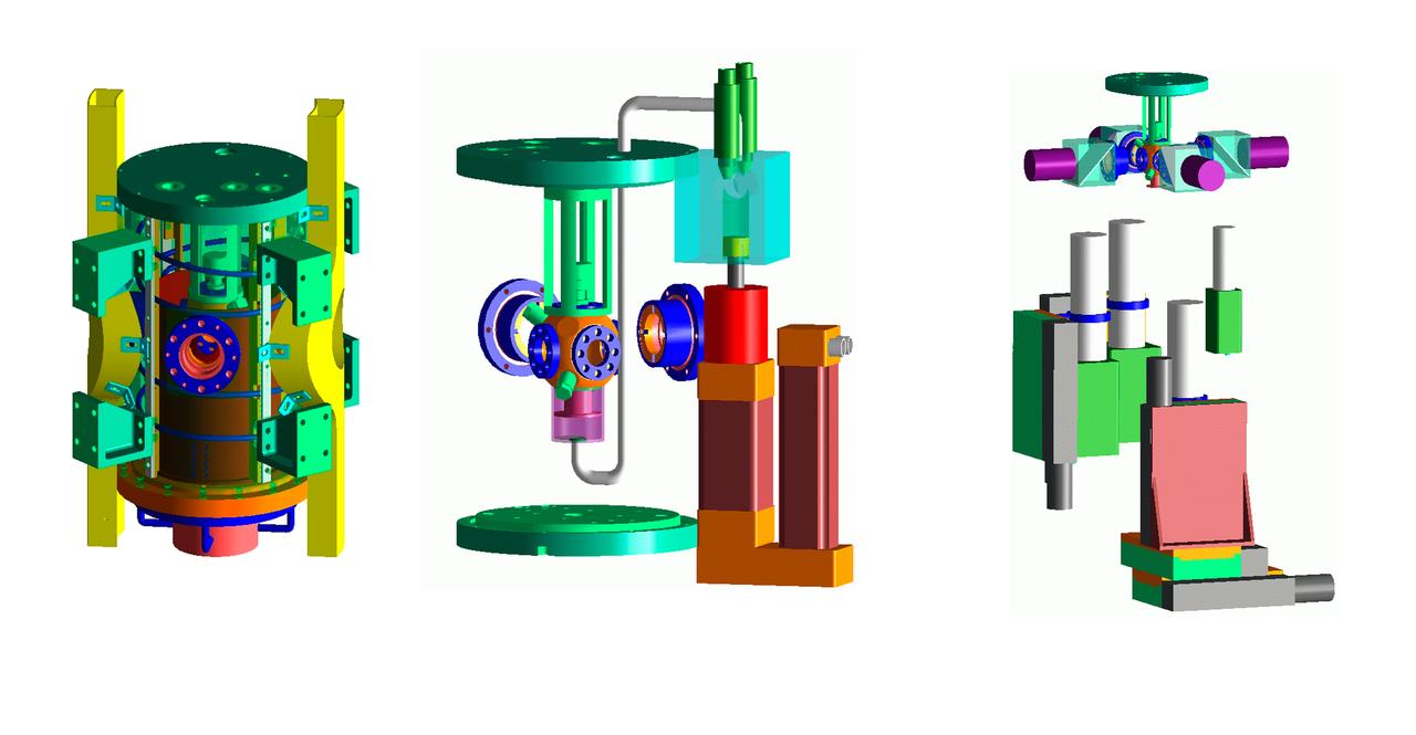 The Transient Dendritic Solidification Expepriment (TDSE) is being developed as a candidate for flight aboard the International Space Station. TDSE will study the growth of dendrites (treelike crystalline structures) in a transparent material (succinonitrile or SCN) that mimics the behavior of widely used iron-based metals. Basic work by three Space Shuttle missions of the Isothermal Dendritic Growth Expepriment (IDGE) is yielding new insights into virtually all industrially relevant metal and alloy forming operations. The TDSE is similar to IDGE, but will maintain a constant temperature while varying pressure on the dendrites. Shown here is an exploded view of major elements of TDSE. A similar view is available with labels. The principal investigator is Matthew Koss of College of the Holy Cross in Worcester, MA. Photo credit: NASA/Marshall Space Flight Center (MSFC)