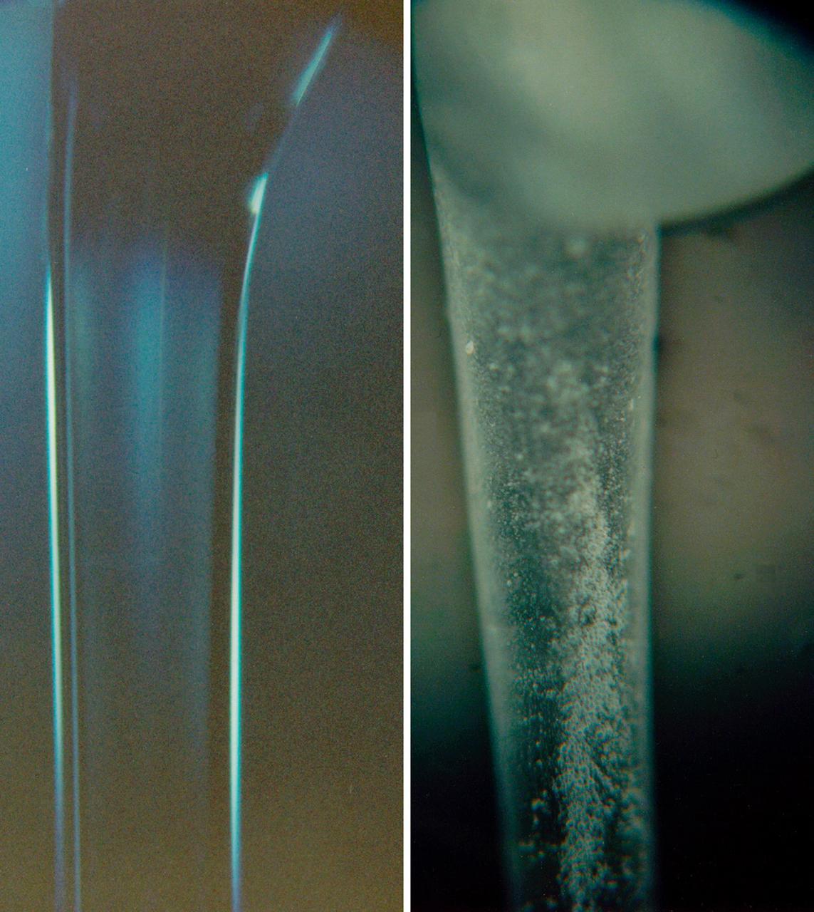 Sections of ZBLAN fibers pulled in a conventional 1-g process (right) and in experiments aboard NASA's KC-135 low-gravity aircraft (left). The rough surface of the 1-g fiber indicates surface defects that would scatter an optical signal and greatly degrade its quality. ZBLAN is part of the family of heavy-metal fluoride glasses (fluorine combined zirconium, barium, lanthanum, aluminum, and sodium). NASA is conducting research on pulling ZBLAN fibers in the low-g environment of space to prevent crystallization that limits ZBLAN's usefulness in optical fiber-based communications. ZBLAN is a heavy-metal fluoride glass that shows exceptional promise for high-throughput communications with infrared lasers. Photo credit: NASA/Marshall Space Flight Center