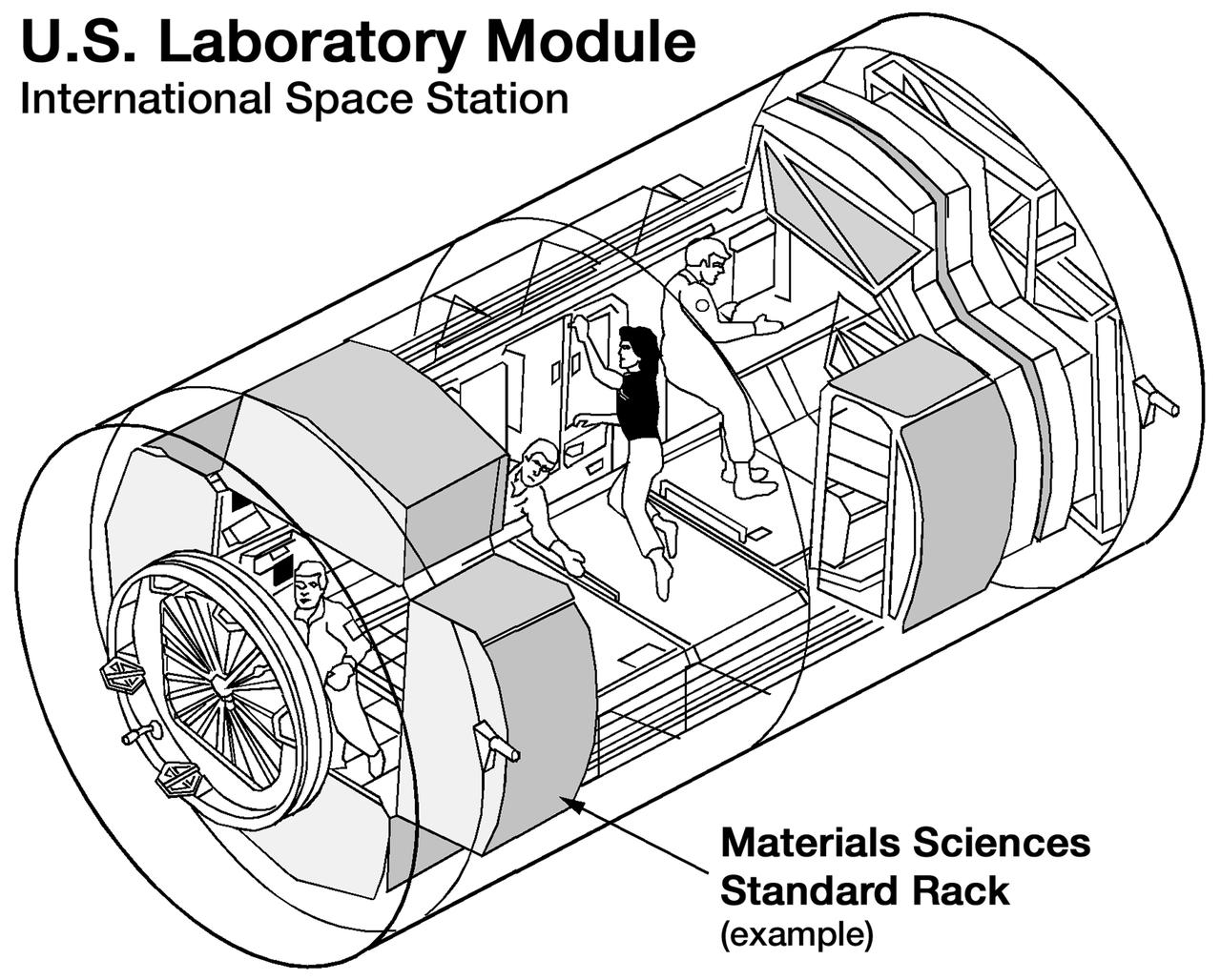 Line drawing depicts the location of one of three racks that will make up the Materials Science Research Facility in the U.S. Destiny laboratory module to be attached to the International Space Station (ISS). Other positions will be occupied by a variety of racks supporting research in combustion, fluids, biotechnology, and human physiology, and racks to support lab and station opertions. The Materials Science Research Facility is managed by NASA's Marshall Space Flight Center. Photo credit: NASA/Marshall Space Flight Center 