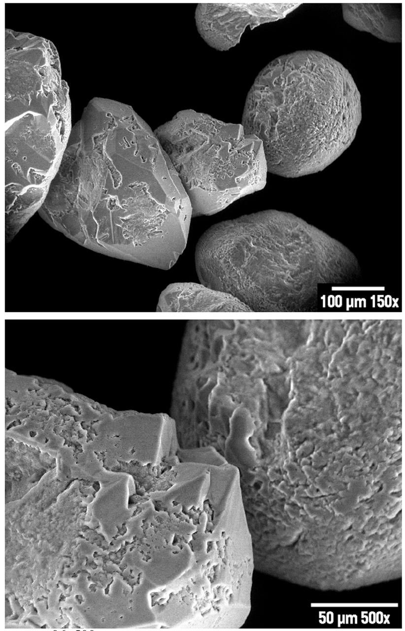 What appear to be boulders fresh from a tumble down a mountain are really grains of Ottawa sand, a standard material used in civil engineering tests and also used in the Mechanics of Granular Materials (MGM) experiment. The craggy surface shows how sand grans have faces that can cause friction as they roll and slide against each other, or even causing sticking and form small voids between grains. This complex behavior can cause soil to behave like a liquid under certain conditions such as earthquakes or when powders are handled in industrial processes. MGM uses the microgravity of space to simulate this behavior under conditions that carnot be achieved in laboratory tests on Earth. MGM is shedding light on the behavior of fine-grain materials under low effective stresses. Applications include earthquake engineering, granular flow technologies (such as powder feed systems for pharmaceuticals and fertilizers), and terrestrial and planetary geology. Nine MGM specimens have flown on two Space Shuttle flights. Another three are scheduled to fly on STS-107. The principal investigator is Stein Sture of the University of Colorado at Boulder. These images are from an Electron Spectroscopy for Chemical Analysis (ESCA) study conducted by Dr. Binayak Panda of IITRI for Marshall Space Flight Center (MSFC). (Credit: NASA/MSFC)