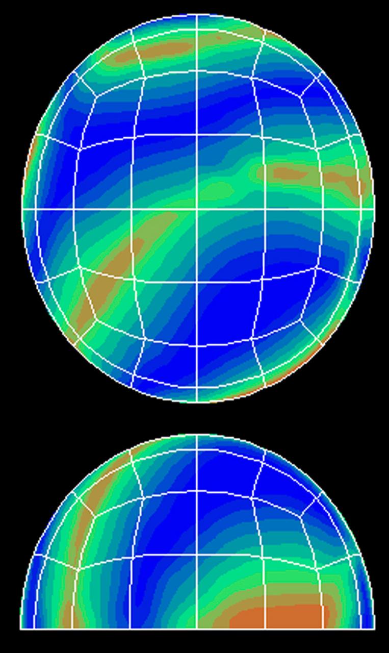 Computer simulation of atmospheric flow corresponds well to imges taken during the second Geophysical Fluid Flow Cell (BFFC) mission. The top shows a view from the pole, while the bottom shows a view from the equator. Red corresponds to hot fluid rising while blue shows cold fluid falling. This simulation was developed by Anil Deane of the University of Maryland, College Park and Paul Fischer of Argorne National Laboratory. Credit: NASA/Goddard Space Flight Center