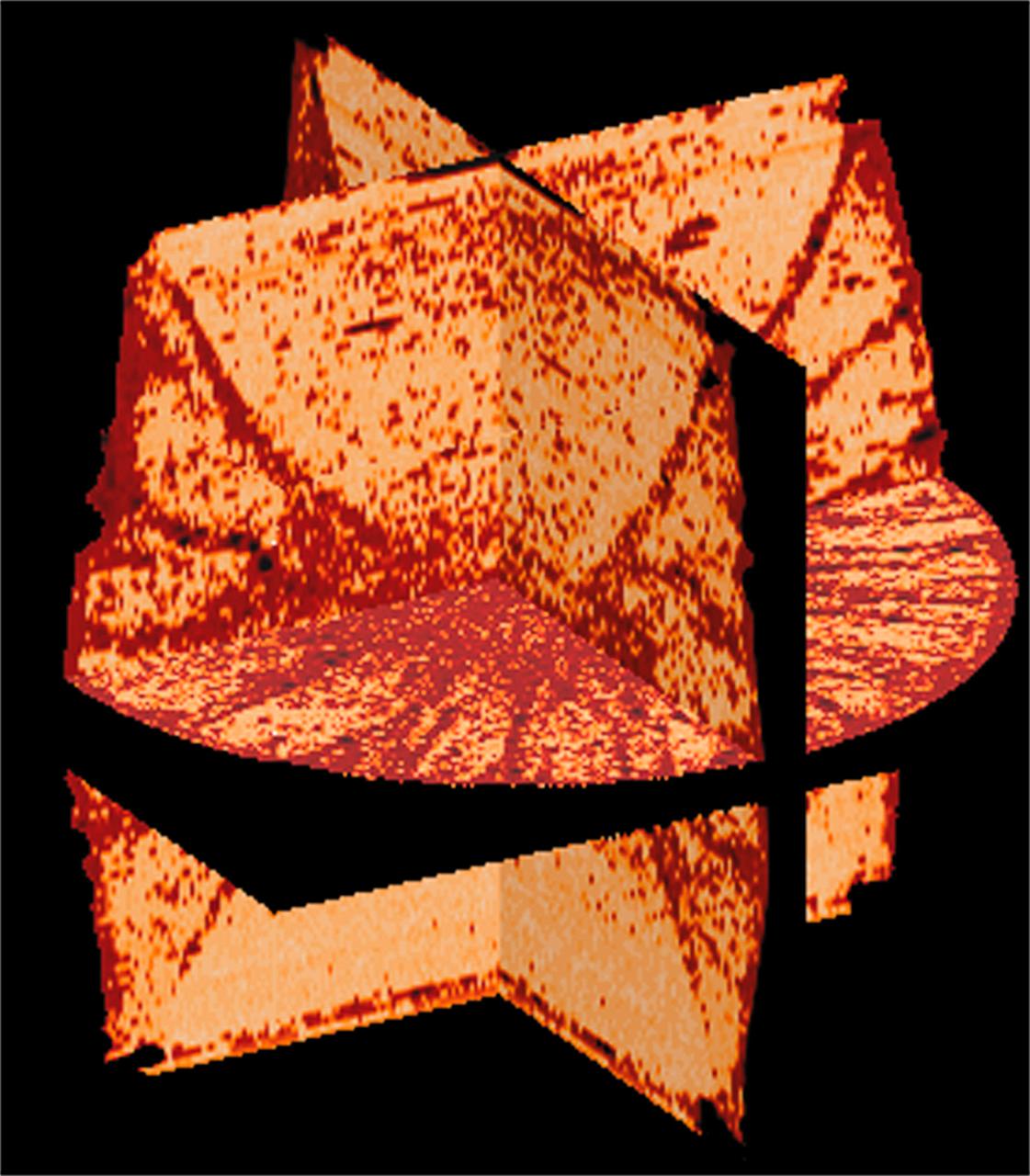 CT scans of the specimens on STS-79 reveal internal cone-shaped features and radial patterns not seen in specimens processed on the ground. The lighter areas are the densest in these images. CT scans produced richly detailed images allowing scientists to build 3D models of the interior of the specimens that can be compared with microscopic examination of thin slices. This view is made from three orthogonal slices. Sand and soil grains have faces that can cause friction as they roll and slide against each other, or even cause sticking and form small voids between grains. This complex behavior can cause soil to behave like a liquid under certain conditions such as earthquakes or when powders are handled in industrial processes. Mechanics of Granular Materials (MGM) experiments aboard the Space Shuttle use the microgravity of space to simulate this behavior under conditions that carnot be achieved in laboratory tests on Earth. MGM is shedding light on the behavior of fine-grain materials under low effective stresses. Applications include earthquake engineering, granular flow technologies (such as powder feed systems for pharmaceuticals and fertilizers), and terrestrial and planetary geology. Nine MGM specimens have flown on two Space Shuttle flights. Another three are scheduled to fly on STS-107. The principal investigator is Stein Sture of the University of Colorado at Boulder. (Credit: Los Alamos National Laboratory and the University of Colorado at Boulder).