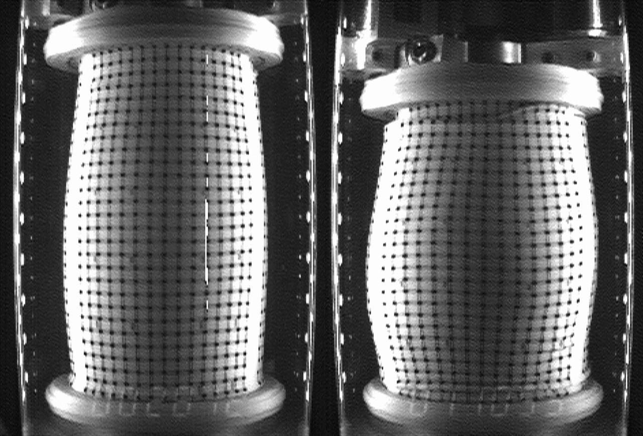 A test cell for Mechanics of Granular Materials (MGM) experiment is shown approximately 20 and 60 minutes after the start of an experiment on STS-89. Sand and soil grains have faces that can cause friction as they roll and slide against each other, or even cause sticking and form small voids between grains. This complex behavior can cause soil to behave like a liquid under certain conditions such as earthquakes or when powders are handled in industrial processes. Mechanics of Granular Materials (MGM) experiments aboard the Space Shuttle use the microgravity of space to simulate this behavior under conditons that carnot be achieved in laboratory tests on Earth. MGM is shedding light on the behavior of fine-grain materials under low effective stresses. Applications include earthquake engineering, granular flow technologies (such as powder feed systems for pharmaceuticals and fertilizers), and terrestrial and planetary geology. Nine MGM specimens have flown on two Space Shuttle flights. Another three are scheduled to fly on STS-107. The principal investigator is Stein Sture of the University of Colorado at Boulder. Credit: NASA/Marshall Space Flight Center (MSFC)