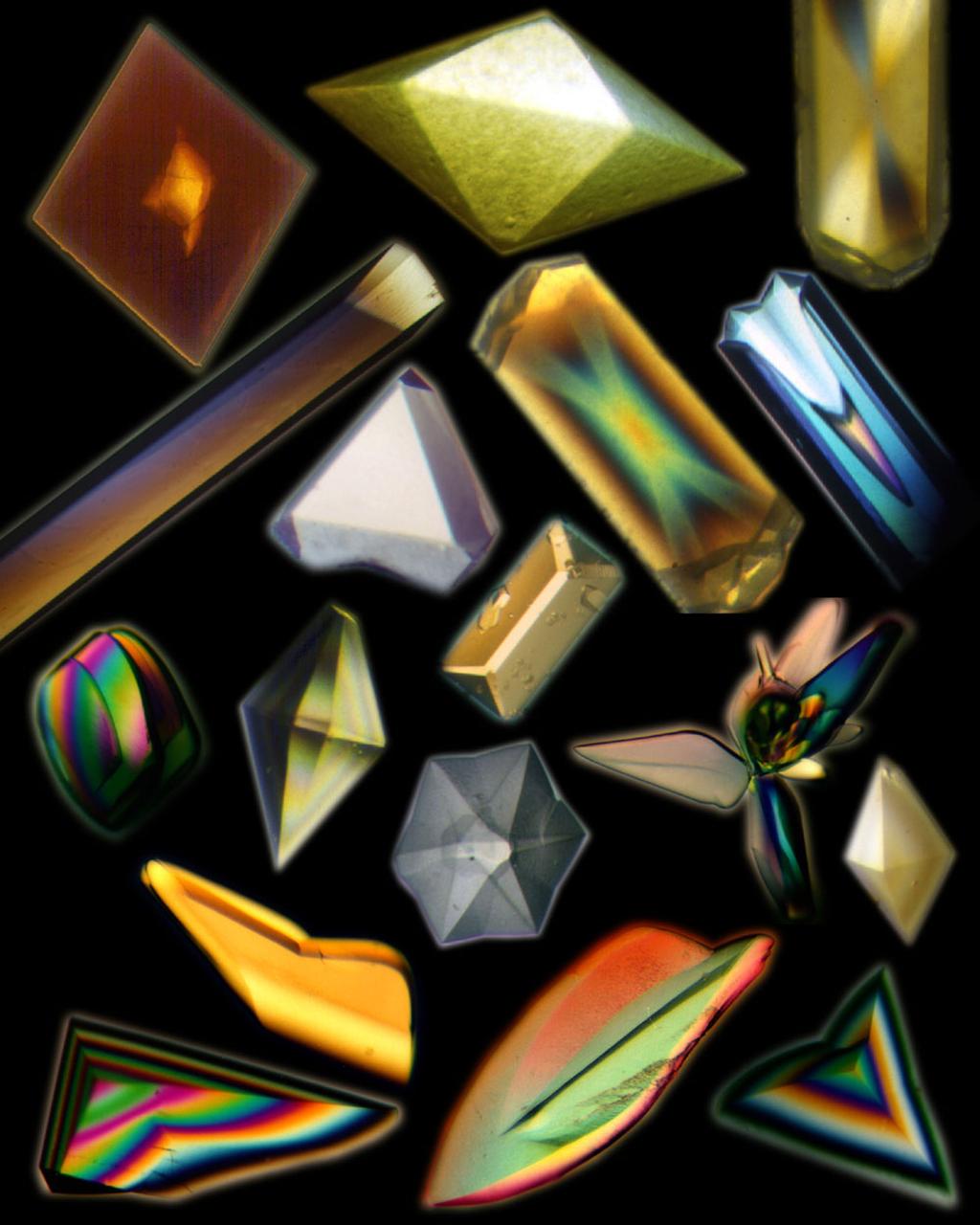 A collage of protein and virus crystals, many of which were grown on the U.S. Space Shuttle or Russian Space Station, Mir. The crystals include the proteins canavalin; mouse monoclonal antibody; a sweet protein, thaumatin; and a fungal protease. Viruses are represented here by crystals of turnip yellow mosaic virus and satellite tobacco mosaic virus. The crystals are photographed under polarized light (thus causing the colors) and range in size from a few hundred microns in edge length up to more than a millimeter. All the crystals are grown from aqueous solutions and are useful for X-ray diffraction analysis. Credit: Dr. Alex McPherson, University of California, Irvine. 