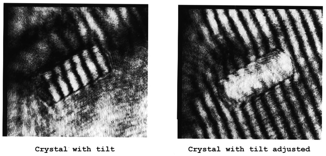 The Interferometer Protein Crystal Growth (IPCG) experiment was designed to measure details of how protein molecules move through a fluid. It was flown on the STS-86 mission for use aboard Russian Space Station Mir in 1998. It studied aspects of how crystals grow - and what conditions lead to the best crystals, details that remain a mystery. IPCG produces interference patterns by spilitting then recombining laser light. This let scientists see how fluid densities - and molecular diffusion - change around a crystal as it grows in microgravity. The heart of the IPCG apparatus is the interferometer cell comprising the optical bench, microscope, other optics, and video camera. IPCG experiment cells are made of optical glass and silvered on one side to serve as a mirror in the interferometer system that visuzlizes crystals and conditions around them as they grow inside the cell. This view shows interferograms produced in ground tests. The principal investigator was Dr. Alexander McPherson of University of California, Irvine. Co-investigators are William Witherow and Dr. Marc Pusey of NASA's Marshall Space Flight Center (MSFC).