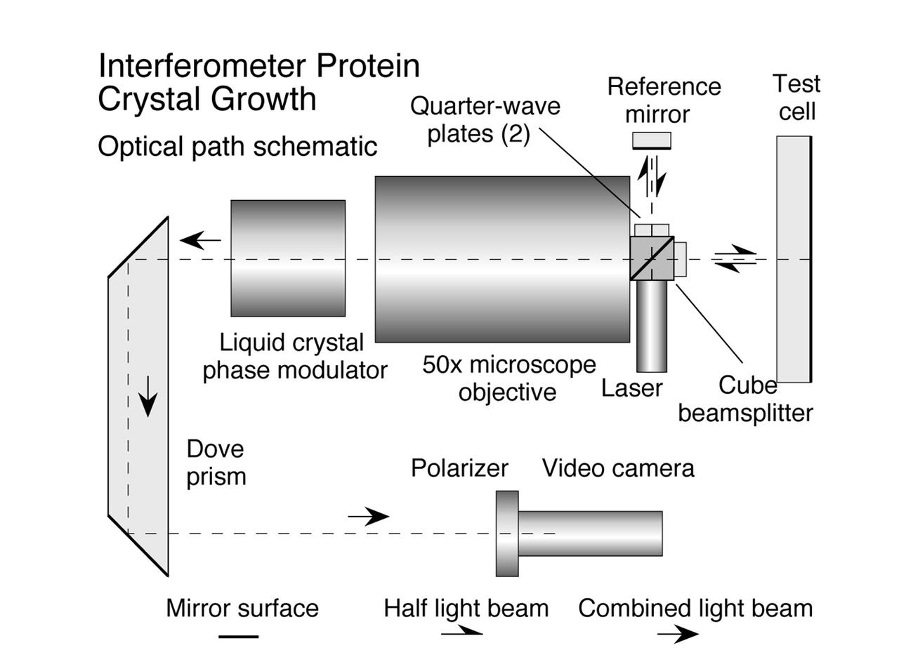 The Interferometer Protein Crystal Growth (IPCG) experiment was designed to measure details of how protein molecules move through a fluid. It was flown on the STS-86 mission for use aboard Russian Space Station Mir in 1998. It studied aspects of how crystals grow - and what conditions lead to the best crystals, details that remain a mystery. IPCG produces interference patterns by spilitting then recombining laser light. This let scientists see how fluid densities - and molecular diffusion - change around a crystal as it grows in microgravity. The heart of the IPCG apparatus is the interferometer cell comprising the optical bench, microscope, other optics, and video camera. IPCG experiment cells are made of optical glass and silvered on one side to serve as a mirror in the interferometer system that visuzlizes crystals and conditions around them as they grow inside the cell. This diagram shows the optical layout. The principal investigator was Dr. Alexander McPherson of University of California, Irvine. Co-investigators are William Witherow and Dr. Marc Pusey of NASA's Marshall Space Flight Center (MSFC).