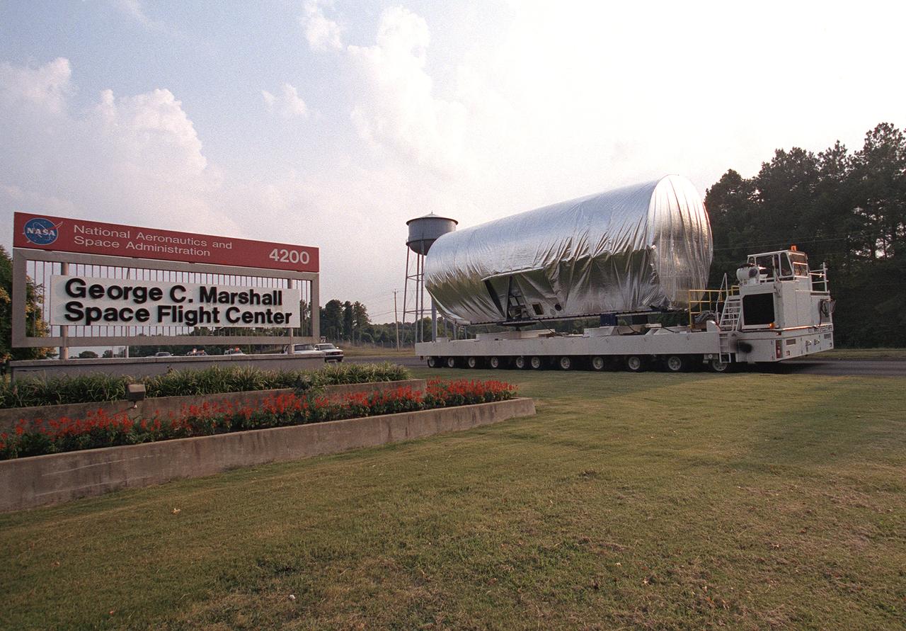 The 45-foot, port-side (P1) truss segment flight article for the International Space Station is being transported to the Redstone Airfield, Marshall Space Flight Center. The truss will be loaded aboard NASA's Super Guppy cargo plane for shipment to the Kennedy Space Center.