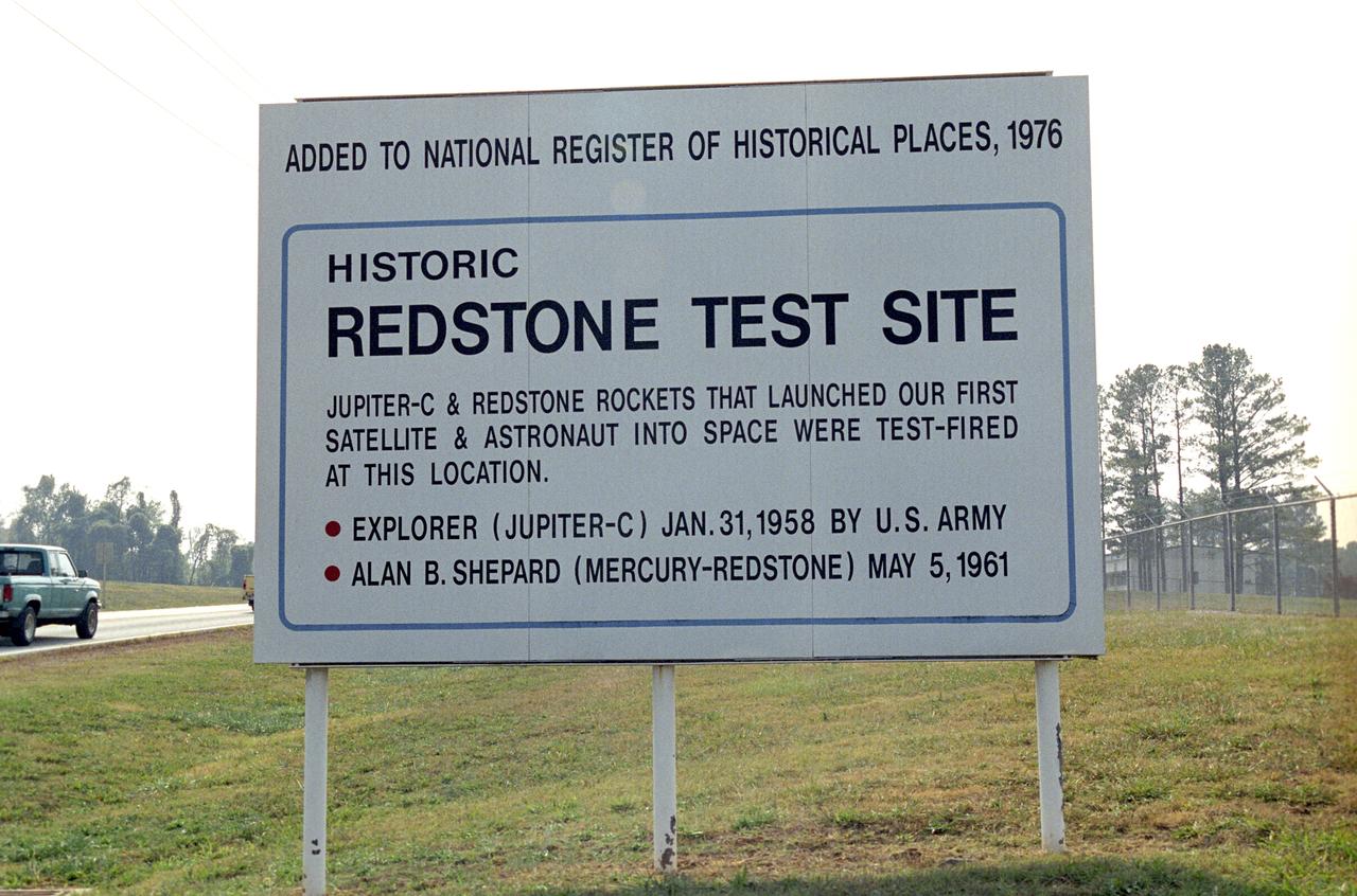 This sign, displayed on the grounds of Marshall Space Flight Center in Huntsville, Alabama, commemorates the designation of the Redstone Test Site as a National Historic Landmark. The site was inducted into the National Register of Historical Places in 1976.