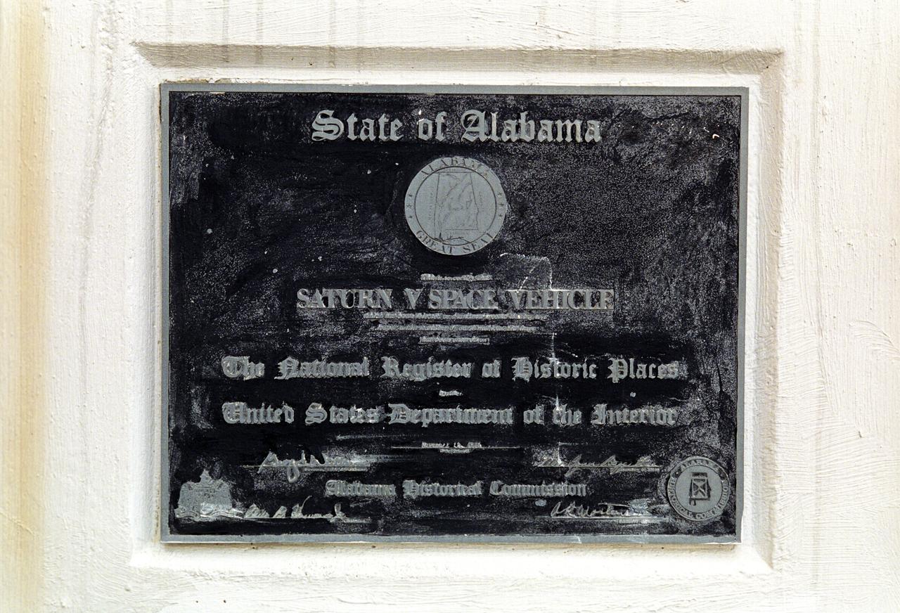 This plaque, displayed on the grounds of Marshall Space Flight Center in Huntsville, Alabama, commemorates the Saturn V Space Vehicle’s induction into the National Register of Historic Places by the United States Department of the Interior. 