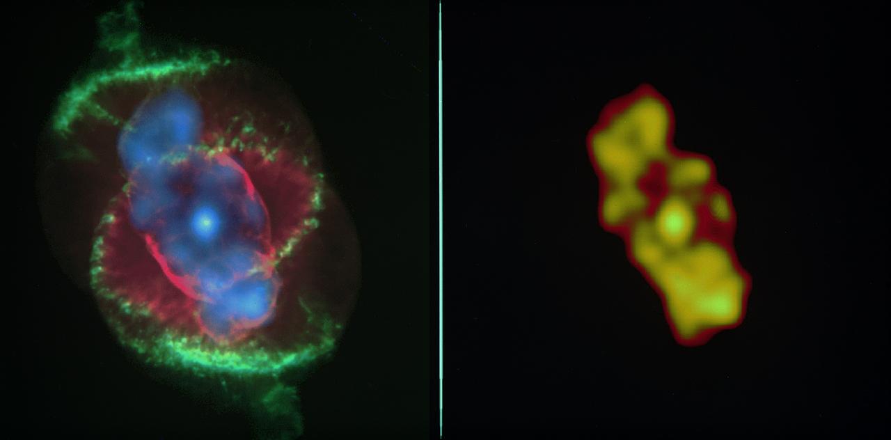 Left image: The x-ray data from the Chandra X-Ray Observatory (CXO) has revealed a bright central star surrounded by a cloud of multimillion-degree gas in the planetary nebula known as the Cat's Eye. This CXO image, where the intensity of the x-ray emission is correlated to the brightness of the orange coloring, captures the expulsion of material from a star that is expected to collapse into a white dwarf in a few million years. The intensity of x-rays from the central star was unexpected, and it is the first time astronomers have seen such x-ray emission from the central star of a planetary nebula. Right image: An image of Cat's Eye taken by the Hubble Space Telescope (HST). By comparing the CXO data with that from the HST, researchers are able to see where the hotter, x-ray emitting gas appears in relation to the cooler material seen in optical wavelengths by the HST. The CXO team found that the chemical abundance in the region of hot gas (its x-ray intensity is shown in purple) was not like those in the wind from the central star and different from the outer cooler material (the red and green structures.) Although still incredibly energetic and hot enough to radiate x-rays, CXO shows the hot gas to be somewhat cooler than scientists would have expected for such a system. CXO image credit: (NASA/UIUC/Y. Chu et al.) HST image credit: (NASA/HST)