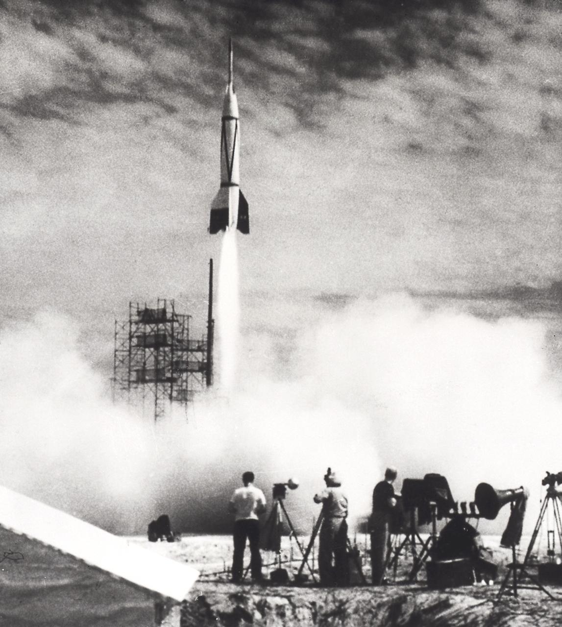 Bumper Wac liftoff at the Long Range Proving Ground located at Cape Canaveral, Florida. At White Sands, New Mexico, the German rocket team experimented with a two-stage rocket called Bumper Wac, which intended to provide data for upper atmospheric research. On February 24, 1950, the Bumper, which employed a V-2 as the first stage with a Wac Corporal upper stage, obtained a peak altitude of more than 240 miles. 
