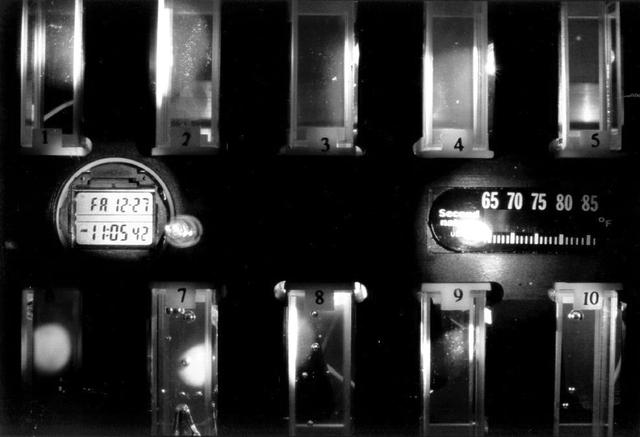 Close-up view of the Binary Colloidal Alloy Test during an experiment run aboard the Russian Mir space station. BCAT is part of an extensive series of experiments plarned to investigate the fundamental properties of colloids so that scientists can make colloids more useful for technological applications. Some of the colloids studied in BCAT are made of two different sized particles (binary colloidal alloys) that are very tiny, uniform plastic spheres. Under the proper conditions, these colloids can arrange themselves in a pattern to form crystals, which may have many unique properties that may form the basis of new classes of light switches, displays, and optical devices that can fuel the evolution of the next generation of computer and communication technologies. This Slow Growth hardware consisted of a 35-mm camera aimed toward a module which contained 10 separate colloid samples. To begin the experiment, one of the astronauts would mix the samples to disperse the colloidal particles. Then the hardware operated autonomously, taking photos of the colloidal samples over a 90-day period. The investigation proved that gravity plays a central role in the formation and stability of these types of colloidal crystal structures. The investigation also helped identify the optimum conditions for the formation of colloidal crystals, which will be used for optimizing future microgravity experiments in the study of colloidal physics. Dr. David Weitz of the University of Pennsylvania and Dr. Peter Pusey of the University of Edinburgh, United Kingdom, are the principal investigators.