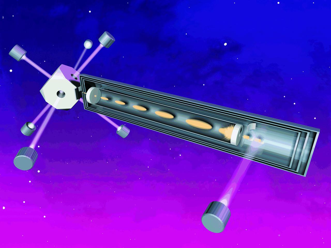 An artist's concept of the Primary Atomic Clock Reference System (PARCS) plarned to fly on the International Space Station (ISS). PARCS will make even more accurate atomic time available to everyone, from physicists testing Einstein's Theory of Relativity, to hikers using the Global Positioning System to find their way. In ground-based atomic clocks, lasers are used to cool and nearly stop atoms of cesium whose vibrations are used as the time base. The microgravity of space will allow the atoms to be suspended in the clock rather than circulated in an atomic fountain, as required on Earth. PARCS is being developed by the Jet Propulsion Laboratory with principal investigators at the National Institutes of Standards and Technology and the University of Colorado, Boulder. See also No. 0103191