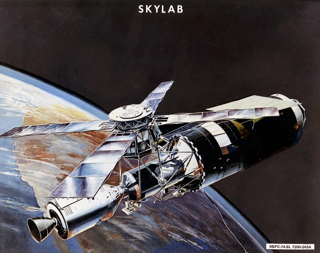 This image is an artist's concept of the Skylab in orbit. In an early effort to extend the use of Apollo for further applications, NASA established the Apollo Applications Program (AAP) in August of 1965. The AAP was to include long duration Earth orbital missions during which astronauts would carry out scientific, technological, and engineering experiments in space by utilizing modified Saturn launch vehicles and the Apollo spacecraft. Established in 1970, the Skylab program was the forerurner of the AAP. The goals of the Skylab were to enrich our scientific knowledge of the Earth, the Sun, the stars, and cosmic space; to study the effects of weightlessness on living organisms, including man; to study the effects of the processing and manufacturing of materials utilizing the absence of gravity; and to conduct Earth resource observations. The Skylab also conducted 19 selected experiments submitted by high school students. Skylab's 3 different 3-man crews spent up to 84 days in Earth orbit. The Marshall Space Flight Center (MSFC) had responsibility for developing and integrating most of the major components of the Skylab: the Orbital Workshop (OWS), Airlock Module (AM), Multiple Docking Adapter (MDA), Apollo Telescope Mount (ATM), Payload Shroud (PS), and most of the experiments. MSFC was also responsible for providing the Saturn IB launch vehicles for three Apollo spacecraft and crews and a Saturn V launch vehicle for the Skylab.