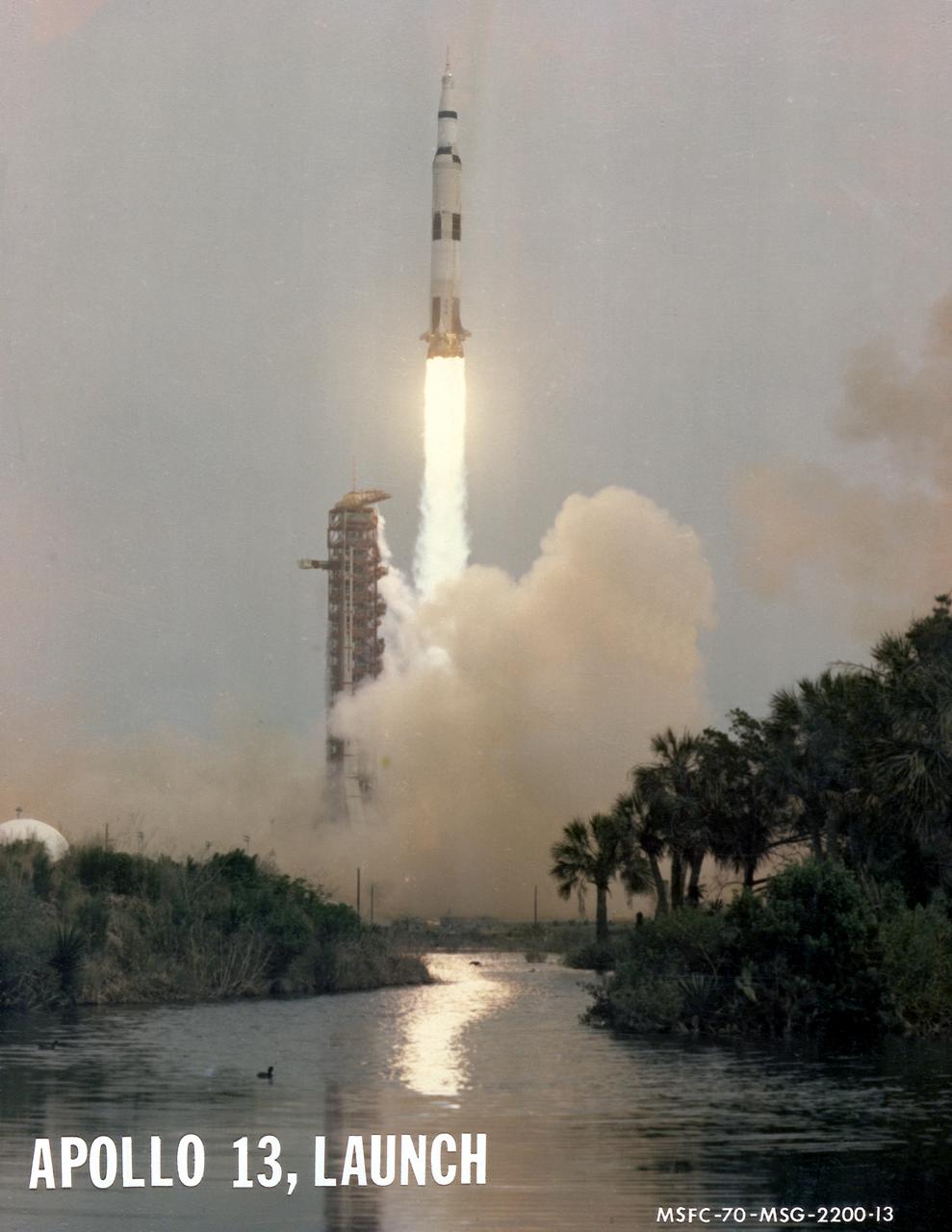 The third marned lunar landing mission, Apollo 13 (SA-508), with three astronauts: Mission commander James A. Lovell Jr., Lunar Module pilot Fred W. Haise Jr., and Command Module pilot John L. Swigert Jr., lifted off from the Kennedy Space Center launch complex 39A on April 11, 1970. The mission was aborted after 56 hours of flight, 205,000 miles from Earth, when an oxygen tank in the service module exploded. The Command Module, Odyssey, carrying the three astronauts, safely splashed down in the Pacific Ocean at 1:08 p.m. EST, April 17, 1970. 