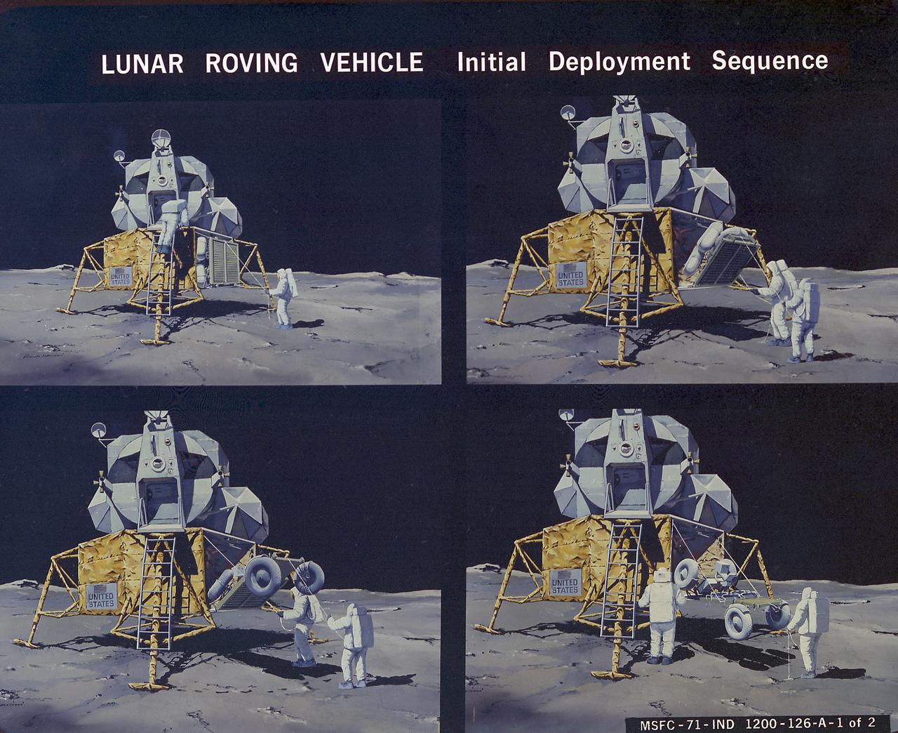 This artist's concept illustrates the deployment sequence of the Lunar Roving Vehicle (LRV) on the Moon. The LRV was designed to transport astronauts and materials on the Moon. It was a collapsible open-space vehicle about 10 feet long with large mesh wheels, anterna, appendages, tool caddies, and cameras. Powered by two 36-volt batteries, it has four 1/4-hp drive motors, one for each wheel. The vehicle was designed to travel in forward or reverse, negotiate obstacles about 1 foot high, cross crevasses about 2 feet wide, and climb or descend moderate slopes. Its speed limit was about 9 miles (14 kilometers) per hour. An LRV was used on each of the last three Apollo missions (Apollo 15, Apollo 16, and Apollo 17) and permitted the crew to travel several miles from the Lunar Module. The LRV was designed, developed, and tested by the Marshall Space Flight Center, and built by the Boeing Plant in Kent, Washington. 