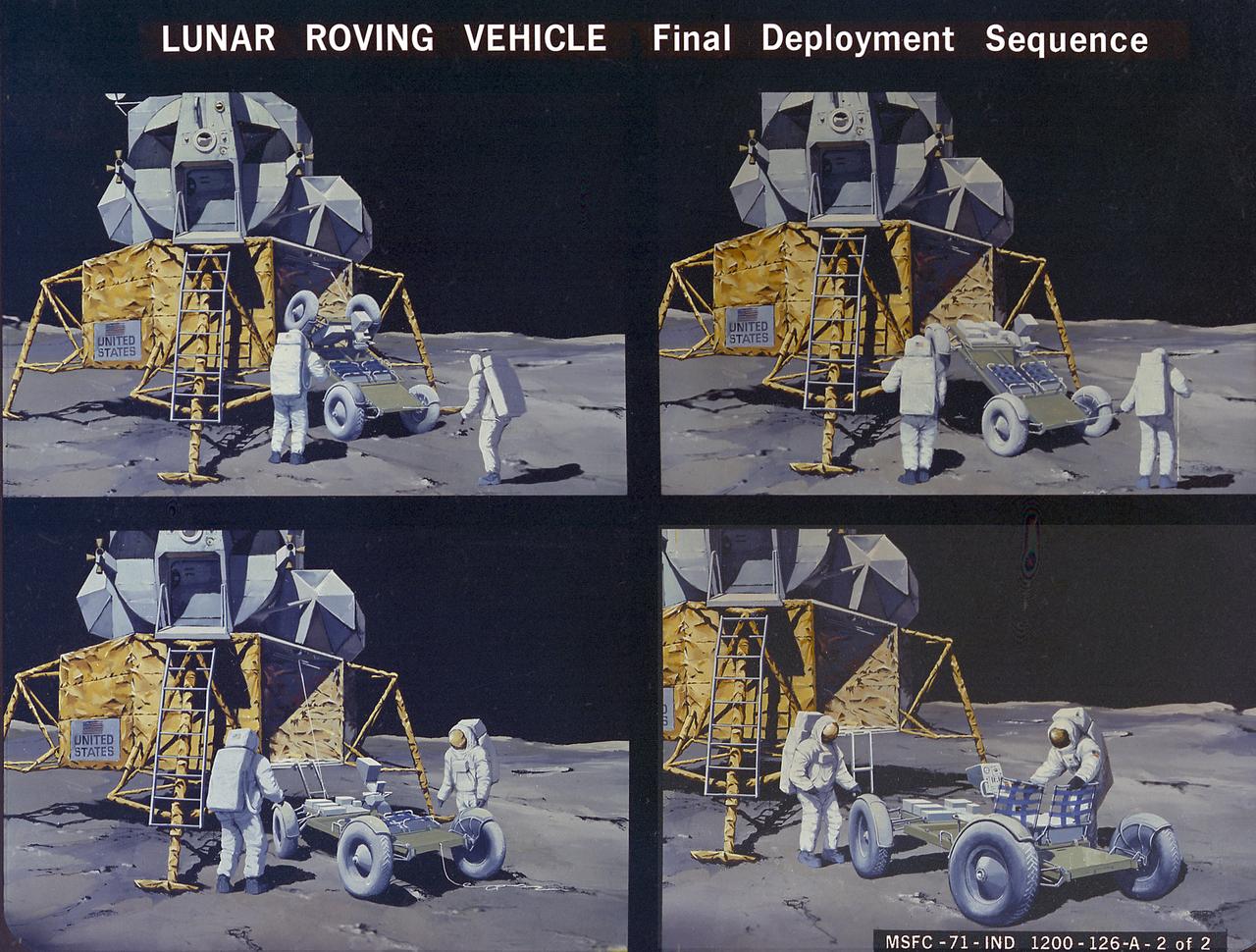This artist's concept illustrates the deployment sequence of the Lunar Roving Vehicle (LRV) on the Moon. The LRV was designed to transport astronauts and materials on the Moon. It was a collapsible open-space vehicle about 10 feet long with large mesh wheels, anterna, appendages, tool caddies, and cameras. Powered by two 36-volt batteries, it has four 1/4-hp drive motors, one for each wheel. The vehicle was designed to travel in forward or reverse, negotiate obstacles about 1 foot high, cross crevasses about 2 feet wide, and climb or descend moderate slopes. Its speed limit was about 9 miles (14 kilometers) per hour. An LRV was used on each of the last three Apollo missions (Apollo 15, Apollo 16, and Apollo 17) and permitted the crew to travel several miles from the Lunar Module. The LRV was designed, developed, and tested by the Marshall Space Flight Center, and built by the Boeing Plant in Kent, Washington. 