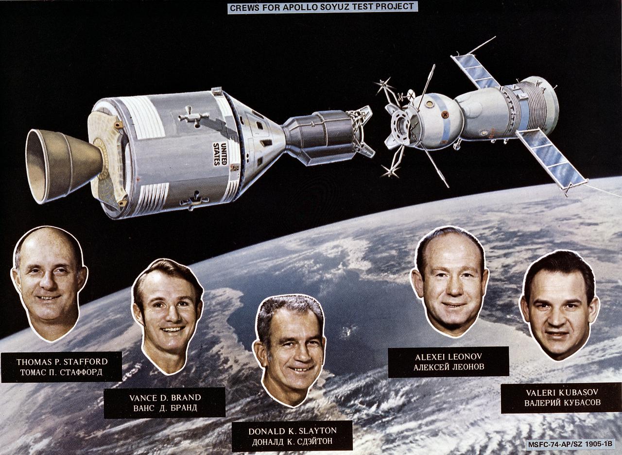 This artist's concept depicts the Apollo-Soyuz Test Project (ASTP) with insets of photographs of three U.S. astronauts (Thomas Stafford, Vance Brand, and Donald Slayton) and two U.S.S.R. cosmonauts (Alexei Leonov and Valeri Kubasov). The objective of the ASTP mission was to accomplish the first docking of a standardized international system, the U.S.'s Apollo spacecraft and the U.S.S.R.'s Soyuz spacecraft, in space. The Soyuz spacecraft was launched from the Baikonur Cosmodrome near Tyuratam in the Kazakh, Soviet Socialist Republic, at 8:20 a.m. (EDT) on July 15, 1975. The Apollo spacecraft was launched from Launch Complex 39B, Kennedy Space Center, Florida, at 3:50 p.m. (EDT) on July 15, 1975. The Primary objectives of the ASTP were achieved. They performed spacecraft rendezvous, docking and undocking, conducted intervehicular crew transfer, and demonstrated the interaction of U.S. and U.S.S.R. control centers and spacecraft crews. The mission marked the last use of a Saturn launch vehicle. The Marshall Space Flight Center was responsible for development and sustaining engineering of the Saturn IB launch vehicle during the mission. 