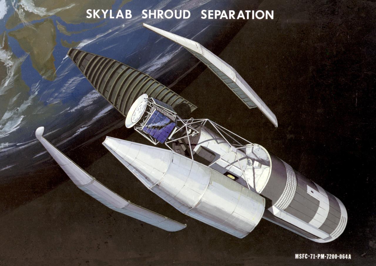 This artist's concept depicts the separation of the Skylab payload shroud. The payload shroud was both an environmental shield and an aerodynamic fairing. Attached to the forward end of the fixed airlock shroud, it protected the airlock, the docking adapter, and the solar observatory before and during launch. It also provided structural support for the solar observatory in the launch configuration. The payload shroud was jettisoned once Skylab reached orbit after separation of the S-II second stage of the Saturn V vehicle. Five major assemblies clustered together made up the orbiting space station called Skylab. The largest of these was the orbital workshop, that housed the crew quarters and a major experiment area. The airlock module, attached to the forward end of the workshop, enabled crewmembers to make excursions outside Skylab. The docking adapter, attached to the forward end of the airlock module, provided the docking port for the Apollo command and service module. The Apollo Telescope Mount was the first marned astronomical observatory designed for solar research from Earth orbit. 