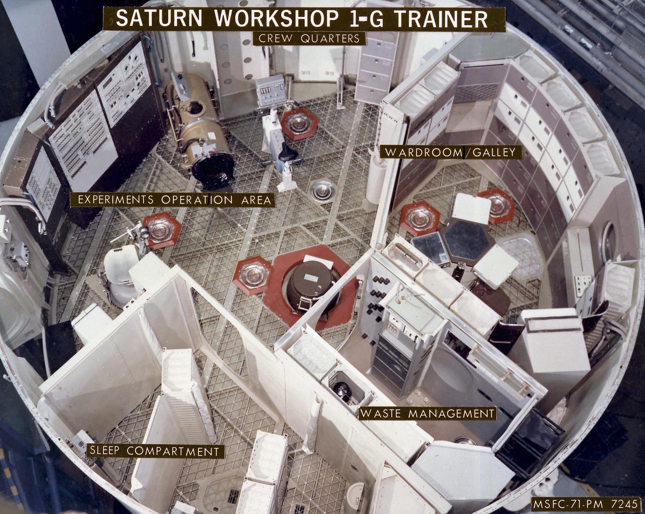 This image depicts a layout of the Skylab workshop 1-G trainer crew quarters. At left, in the sleep compartment, astronauts slept strapped to the walls of cubicles and showered at the center. Next right was the waste management area where wastes were processed and disposed. Upper right was the wardroom where astronauts prepared their meals and foods were stored. In the experiment operation area, upper left, against the far wall, was the lower-body negative-pressure device (Skylab Experiment M092) and the Ergometer for the vectorcardiogram experiment (Skylab Experiment M063). The trainers and mockups were useful in the developmental phase, while engineers and astronauts were still working out optimum designs. They provided much data applicable to the manufacture of the flight articles. 