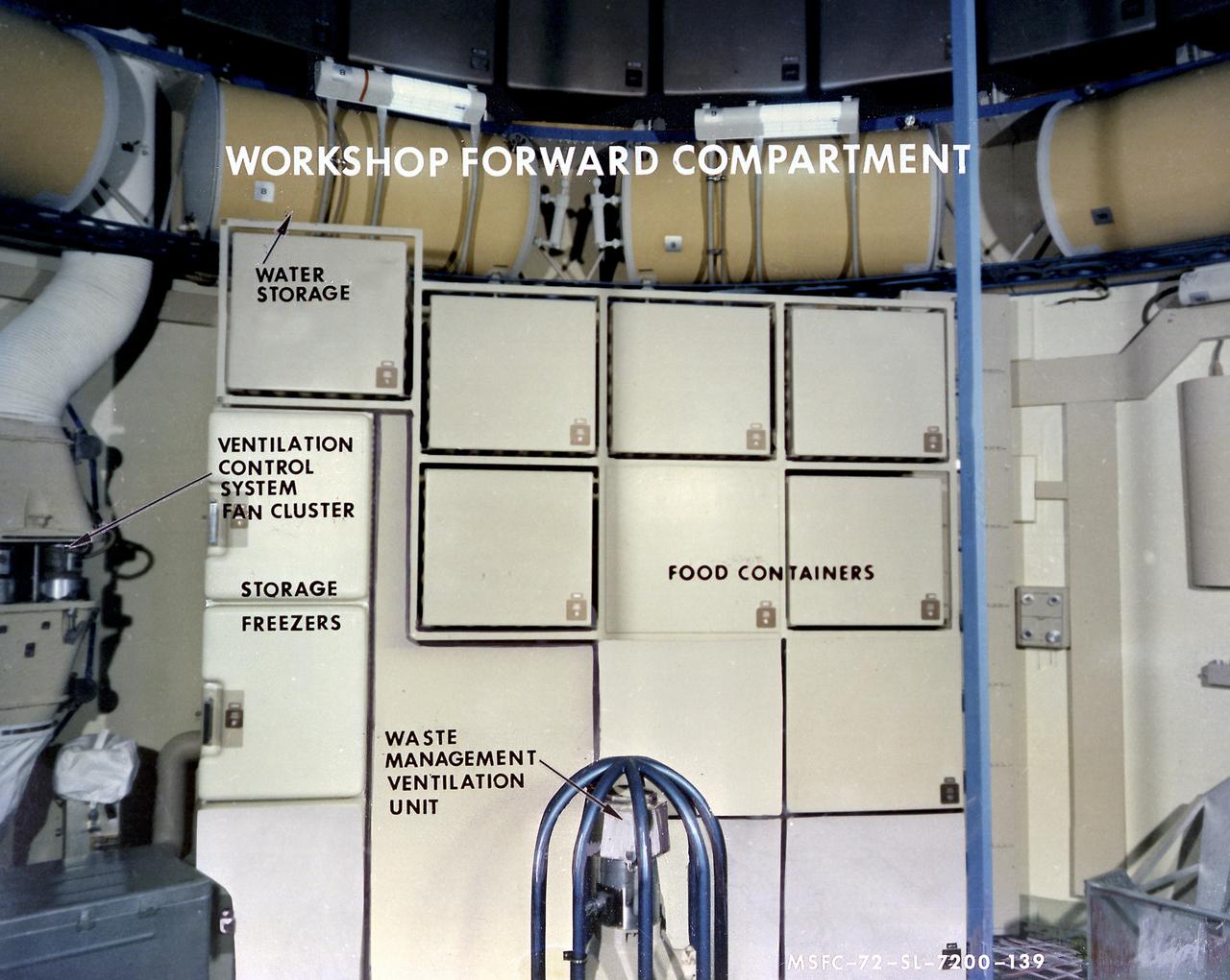 This image, with callouts, depicts the storage area of the forward compartment at the upper level of the Orbital Workshop (OWS). The upper level consisted of a large work area and housed water storage tanks, a food freezer, storage vaults for film, scientific airlocks, mobility and stability experiment equipment, and other experimental equipment. 