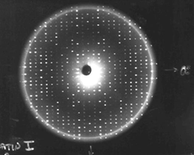 X-rays diffracted from a well-ordered protein crystal create sharp patterns of scattered light on film. A computer can use these patterns to generate a model of a protein molecule. To analyze the selected crystal, an X-ray crystallographer shines X-rays through the crystal. Unlike a single dental X-ray, which produces a shadow image of a tooth, these X-rays have to be taken many times from different angles to produce a pattern from the scattered light, a map of the intensity of the X-rays after they diffract through the crystal. The X-rays bounce off the electron clouds that form the outer structure of each atom. A flawed crystal will yield a blurry pattern; a well-ordered protein crystal yields a series of sharp diffraction patterns. From these patterns, researchers build an electron density map. With powerful computers and a lot of calculations, scientists can use the electron density patterns to determine the structure of the protein and make a computer-generated model of the structure. The models let researchers improve their understanding of how the protein functions. They also allow scientists to look for receptor sites and active areas that control a protein's function and role in the progress of diseases. From there, pharmaceutical researchers can design molecules that fit the active site, much like a key and lock, so that the protein is locked without affecting the rest of the body. This is called structure-based drug design.
