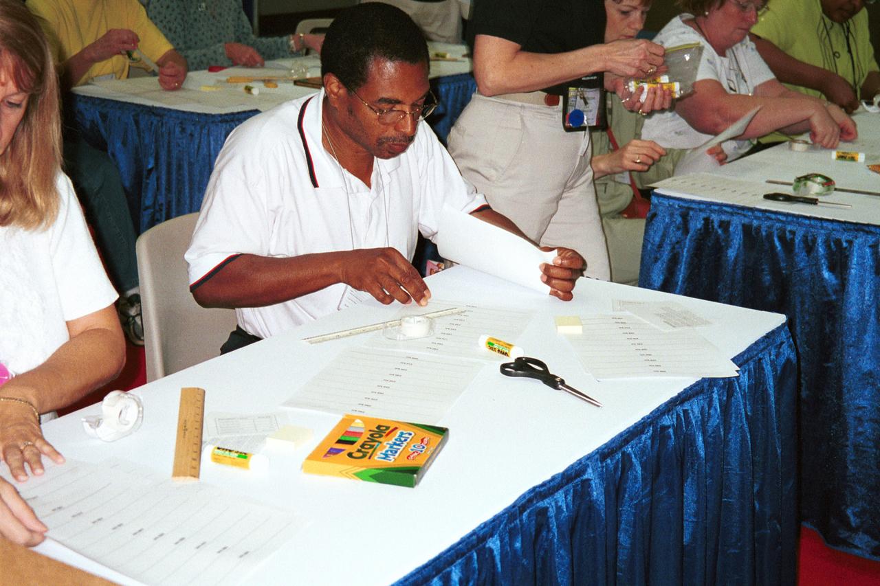 One of NASA's newest education publications made its debut at the arnual National Council of Teachers of Mathematics (NCTM) conference held in Orlando, Florida April 5-7. How High Is It? An Educator's Guide with Activities Focused on Scale Models of Distances was presented by Carla Rosenberg of the National Center for Microgravity Research at Glenn Research Center. Rosenberg, an author of the Guide, led teachers in several hands-on activities from the Guide. This image is from a digital still camera; higher resolution is not available.