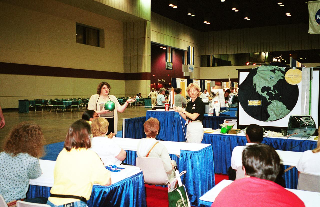 One of NASA's newest education publications made its debut at the arnual National Council of Teachers of Mathematics (NCTM) conference held in Orlando, Florida April 5-7. How High Is It? An Educator's Guide with Activities Focused on Scale Models of Distances was presented by Carla Rosenberg of the National Center for Microgravity Research at Glenn Research Center. Rosenberg, an author of the Guide, led teachers in several hands-on activities from the Guide. This image is from a digital still camera; higher resolution is not available.