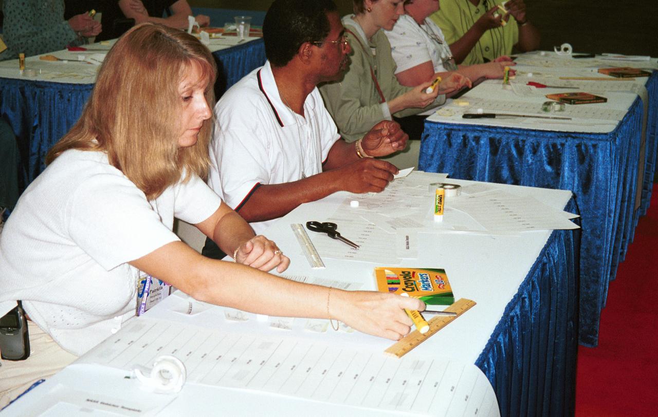 One of NASA's newest education publications made its debut at the arnual National Council of Teachers of Mathematics (NCTM) conference held in Orlando, Florida April 5-7. How High Is It? An Educator's Guide with Activities Focused on Scale Models of Distances was presented by Carla Rosenberg of the National Center for Microgravity Research at Glenn Research Center. Rosenberg, an author of the Guide, led teachers in several hands-on activities from the Guide. This image is from a digital still camera; higher resolution is not available.