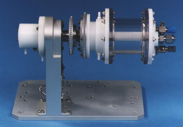 The heart of the bioreactor is the rotating wall vessel, shown without its support equipment. Volume is about 125 mL. The work is sponsored by NASA's Office of Biological and Physical Research. The bioreactor is managed by the Biotechnology Cell Science Program at NASA's Johnson Space Center (JSC). NASA-sponsored bioreactor research has been instrumental in helping scientists to better understand normal and cancerous tissue development. In cooperation with the medical community, the bioreactor design is being used to prepare better models of human colon, prostate, breast and ovarian tumors. Cartilage, bone marrow, heart muscle, skeletal muscle, pancreatic islet cells, liver and kidney are just a few of the normal tissues being cultured in rotating bioreactors by investigators.