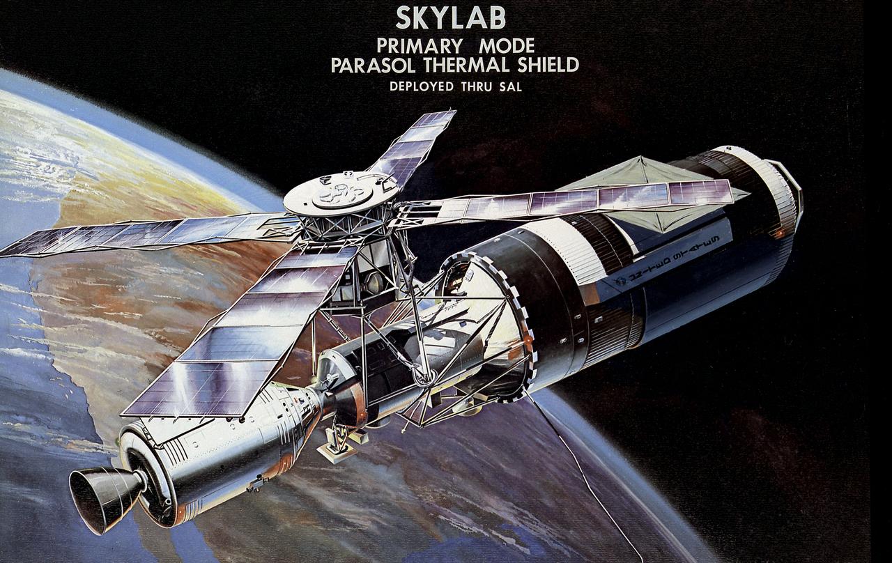 This image illustrates the deployment of the Skylab parasol thermal shield. Skylab lost its thermal protection shield during its launch on May 14, 1973. The Skylab-2 crew deployed a parasol thermal shield to protect the workshop from overheating. The crew attached the canister containing the parasol to the scientific airlock and extended the folded shield through the opening and into space. Slowly, the struts extended, the sunshade took shape, and was in place over the workshop's outer surface. This illustration shows the parasol being fully deployed and retracted for service. Emergency procedures to repair and salvage the damaged Skylab were a joint effort of the Marshall Space Flight Center, other NASA centers, and contractors.