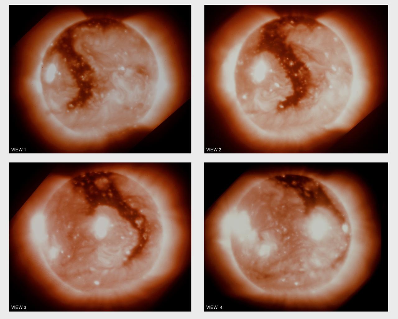 This montage is a sequence of soft x-ray photographs of the boot-shaped coronal hole rotating with the sun. The individual pictures were taken about 2 days apart by the Skylab telescope. Most of the apparent changes in this 6-day period resulted from a changing perspective. Skylab data helped demonstrate that coronal holes are sources of high-velocity streams in the solar wind. These high-velocity streams can be electrons, protons, and atomic nuclei that spray out from the Sun into interplanetary space. When the coronal hole is near the center of the Sun, as in view 2, the sprinkler is directed at Earth. These high-speed streams of solar wind distort Earth's magnetic field and disturb it's upper atmosphere.