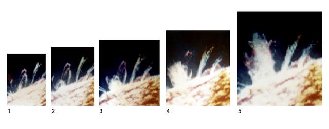 Breaking the grip of the closed magnetic loops that constrain other gases around it, a spray of chromospheric material surges upward, free of the Sun. Views 1 through 5 were recorded about 5 minutes apart by Skylab and comprise a composite of separate images made in chromospheric (red), transition region (green), and coronal (blue) temperatures of an ultraviolet sequence that depicts a solar eruption. Eruption begins (view 2) as material in or near a small, compact loop develops enough energy to overcome the Sun's magnetic bonds. 