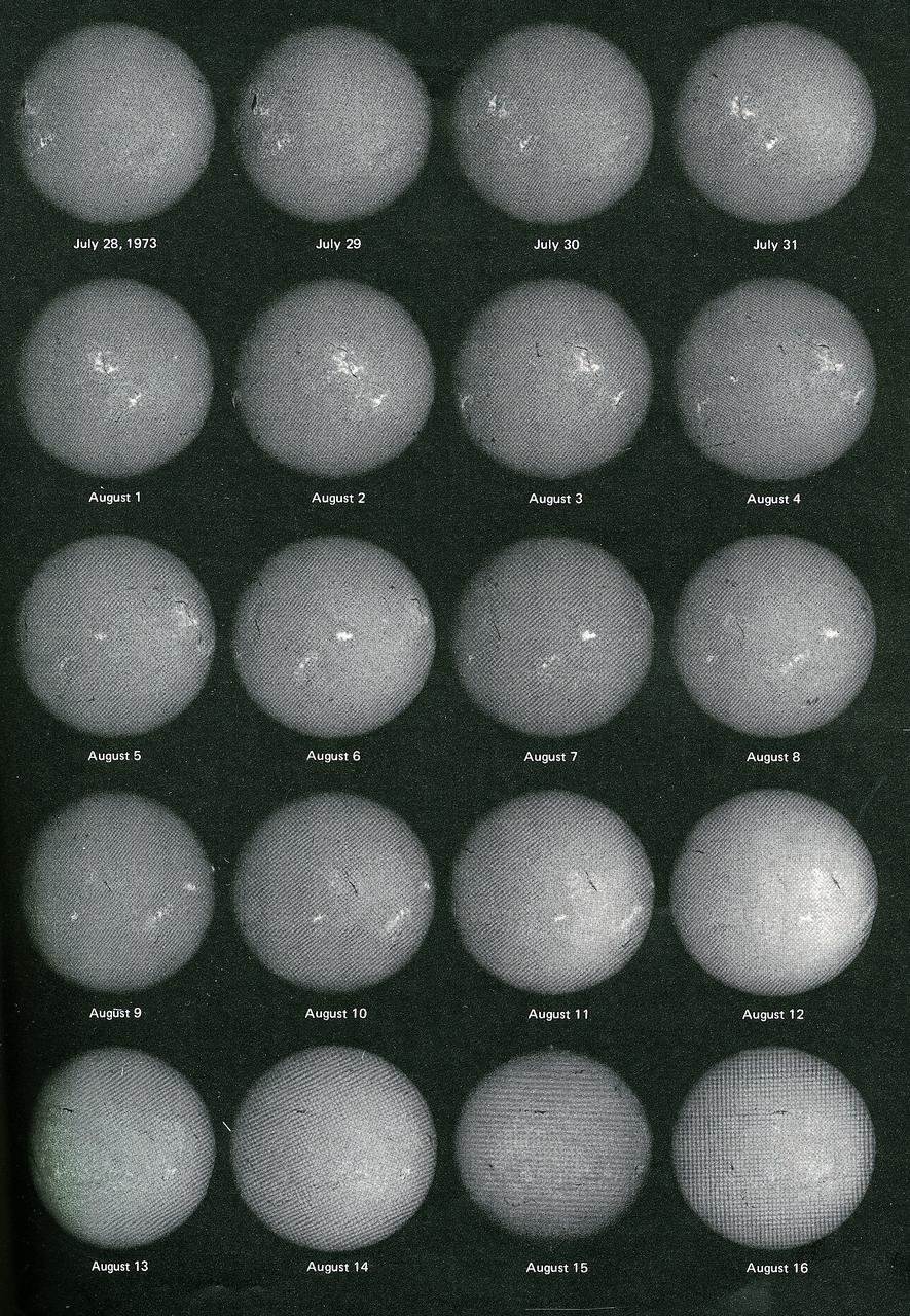 This montage shows changing faces of the Sun, recorded daily during the 59 days spent in orbit by Skylab's second crew. The Sun spun more than two full turns around its axis. Solar rotation is apparent in these daily portraits, as are real changes on the Sun. Bright features are centers of activity on the Sun. This image contains daily records from July 28, 1973 through August 16, 1973.