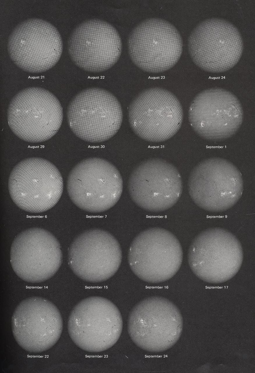 This montage shows changing faces of the Sun, recorded daily during the 59 days spent in orbit by Skylab's second crew. The Sun spun more than two full turns around its axis. Solar rotation is apparent in these daily portraits, as are real changes on the Sun. Bright features are centers of activity on the Sun. This image contains daily records from September 6, 1973 through September 24, 1973.