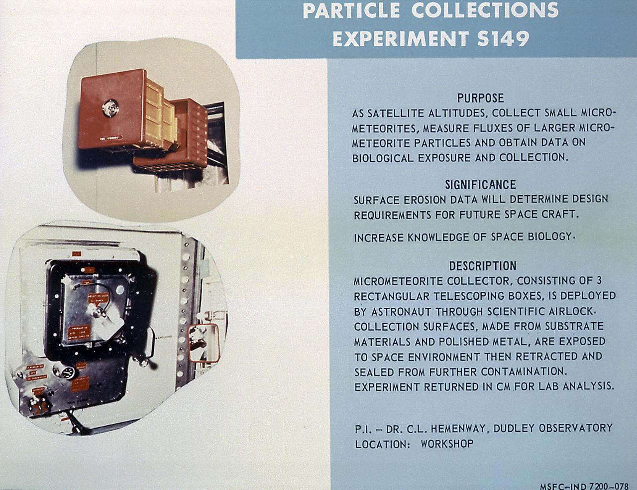 This chart describes Skylab's Particle Collection device, a scientific experiment designed to study micro-meteoroid particles in near-Earth space and determine their abundance, mass distribution, composition, and erosive effects. The Marshall Space Flight Center had program management responsibility for the development of Skylab hardware and experiments.
