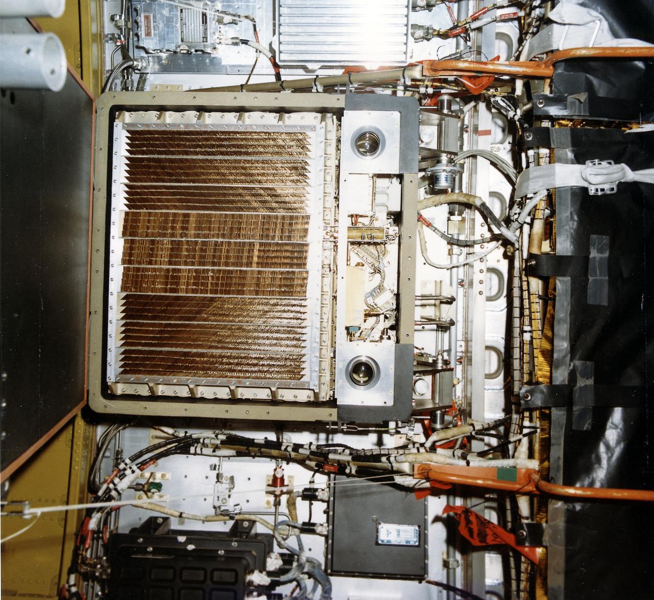 This photograph shows Skylab's Galactic X-Ray Mapping facility (S150), an astrophysics and space sciences investigation. An objective of this experiment was to extend the search for the origin of galactic x-rays beyond the sensitivity possible with short flights of small research rockets. This was accomplished by placing a large-area, soft x-ray detector in orbit to collect data for a much longer time. The S150 instrument was not in Skylab but in the instrument unit of the second stage of the Skylab-3 Saturn IB rocket.